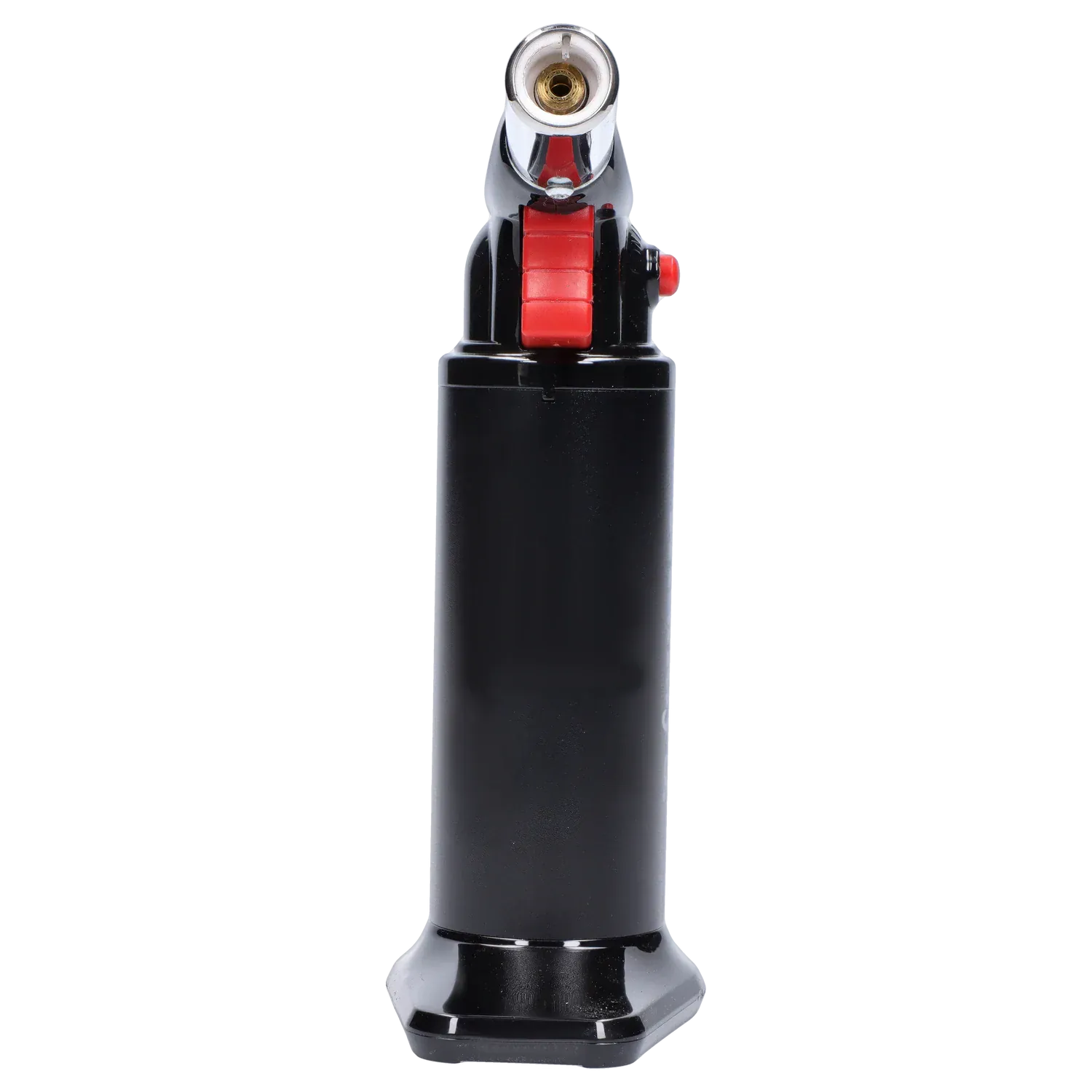 Close-up front view of the black Randy's Fahrenheit Butane Torch - Black showing its red ignition wheel and metallic nozzle.