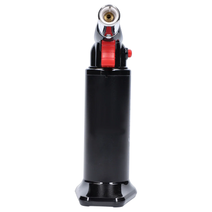 Close-up front view of the black Randy's Fahrenheit Butane Torch - Black showing its red ignition wheel and metallic nozzle.