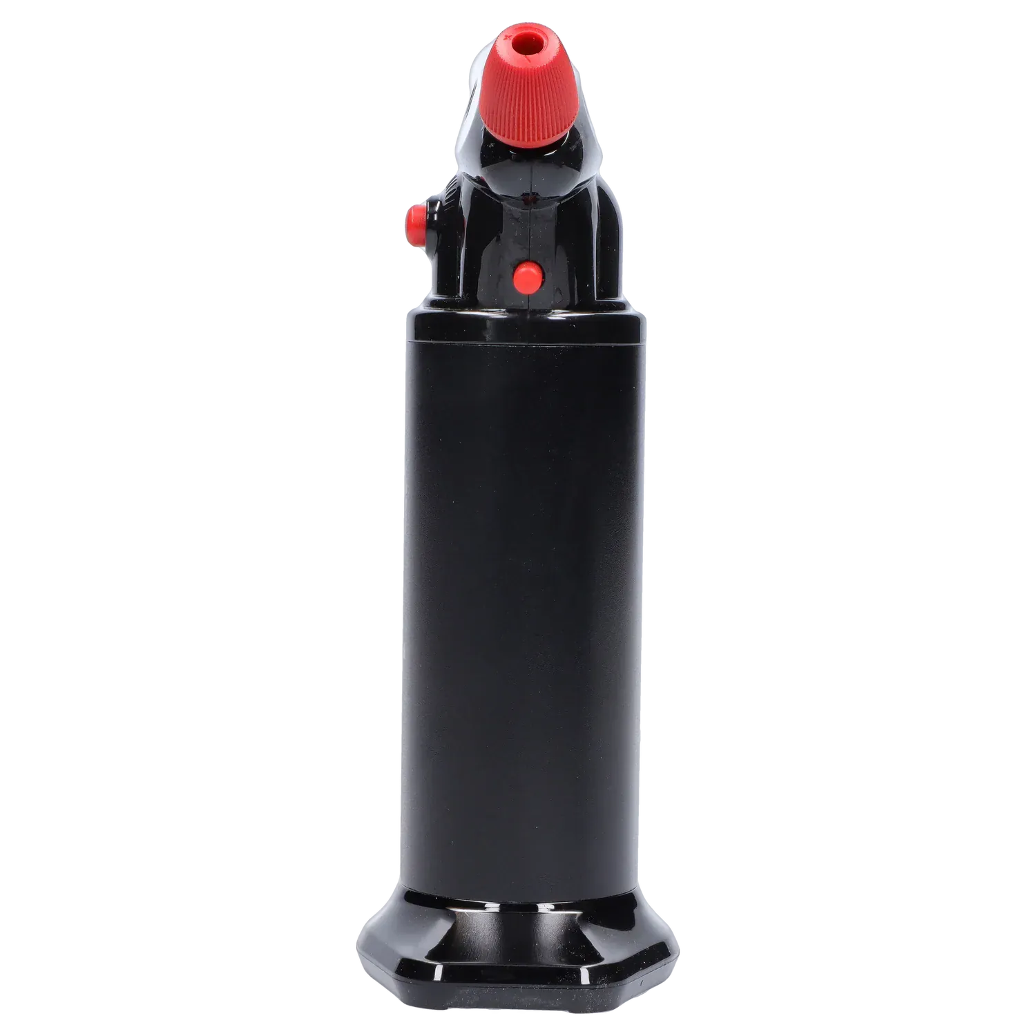 Straight-on studio shot of Randy's Fahrenheit Butane Torch - Black showing its tall cylindrical black body, red nozzle tip and control buttons against a white background