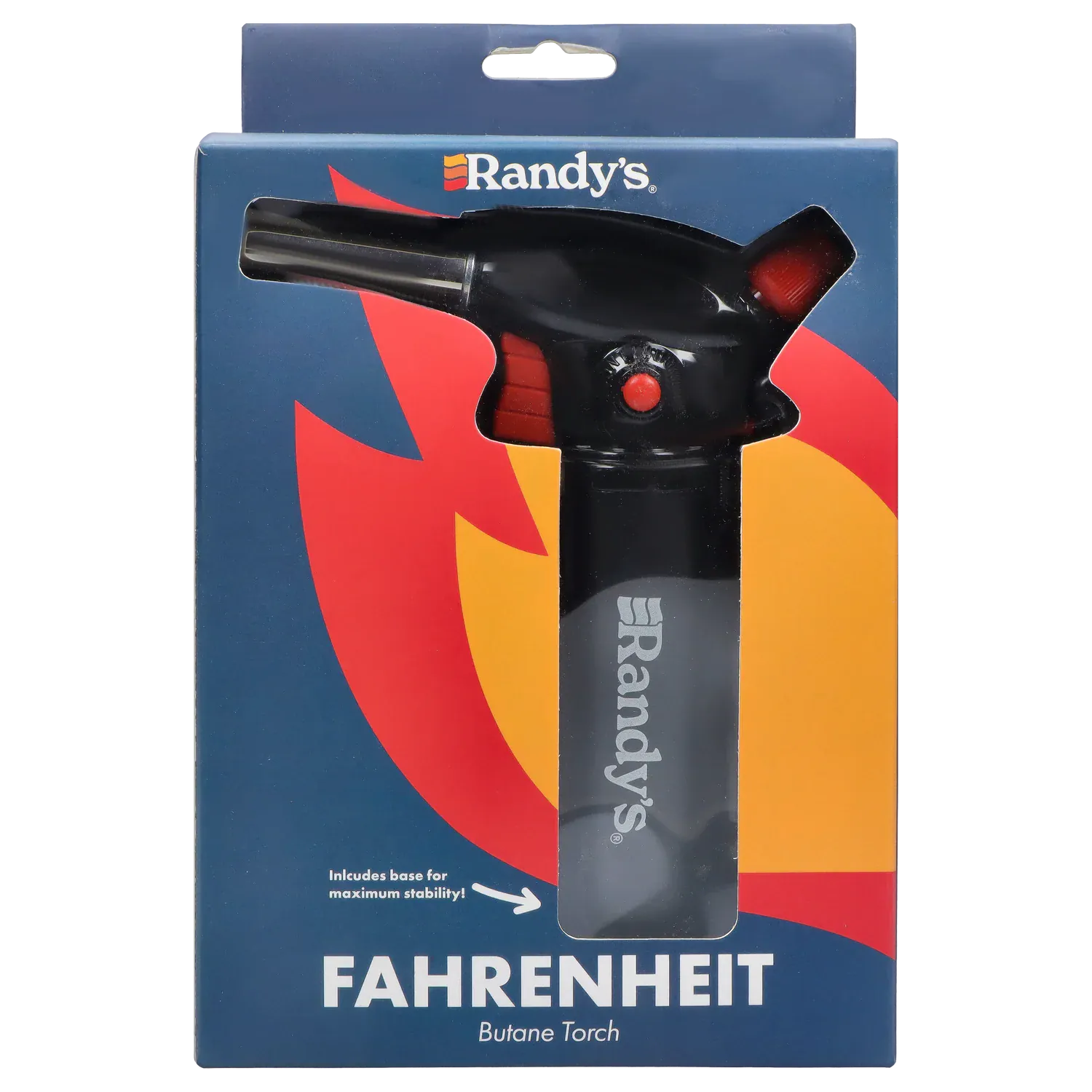 Packaging close-up showing the top of Randy's Fahrenheit Butane Torch - Black through a die-cut window with flame graphics.