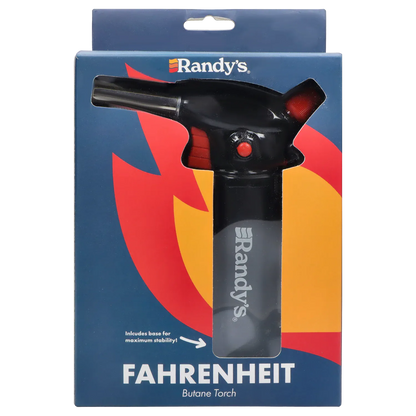 Packaging close-up showing the top of Randy's Fahrenheit Butane Torch - Black through a die-cut window with flame graphics.