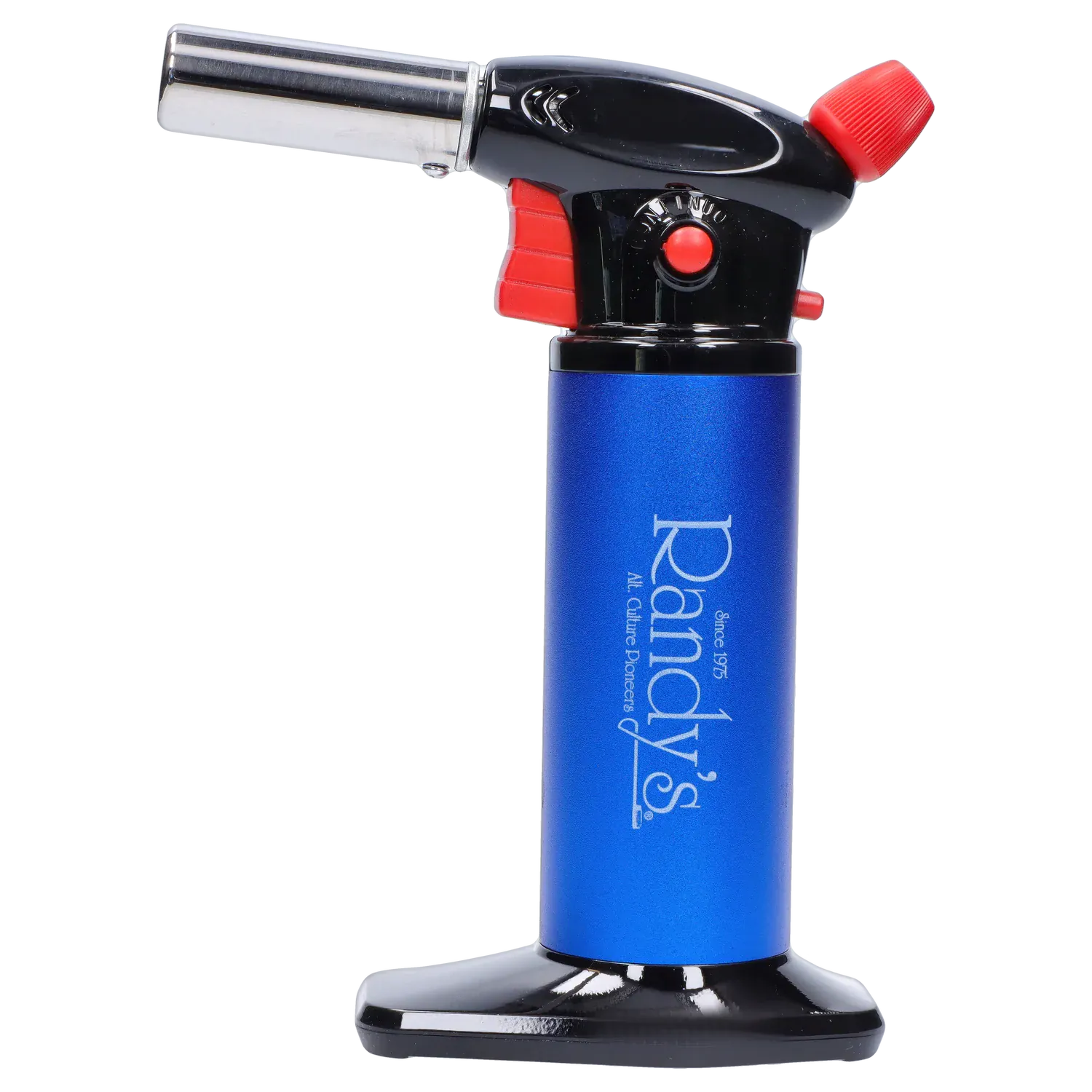 Side view of Randy's Fahrenheit Butane Torch - Blue showing the blue cylindrical body with white logo, black top and base, and red controls.