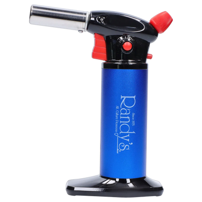 Side view of Randy's Fahrenheit Butane Torch - Blue showing the blue cylindrical body with white logo, black top and base, and red controls.