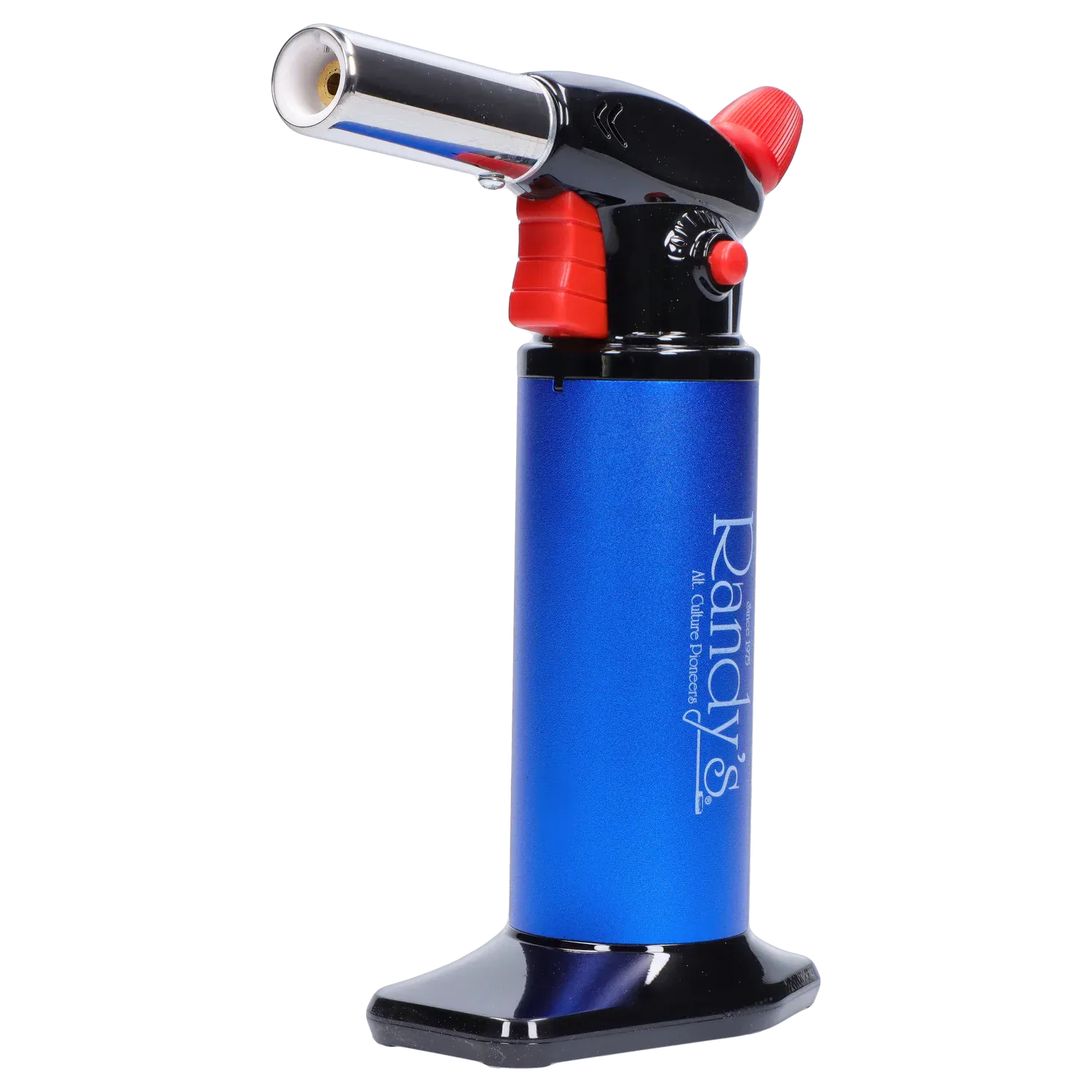 Side view close-up of Randy's Fahrenheit Butane Torch - Blue showing its metallic blue cylinder, black top with red controls, and angled chrome nozzle.