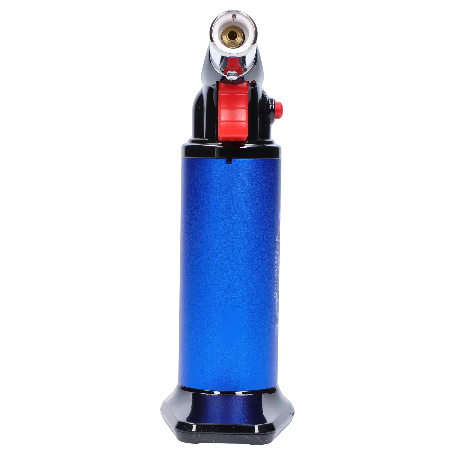 Front-facing close-up of Randy's Fahrenheit Butane Torch - Blue showing its metallic blue cylinder, red ignition wheel and black base against a white background