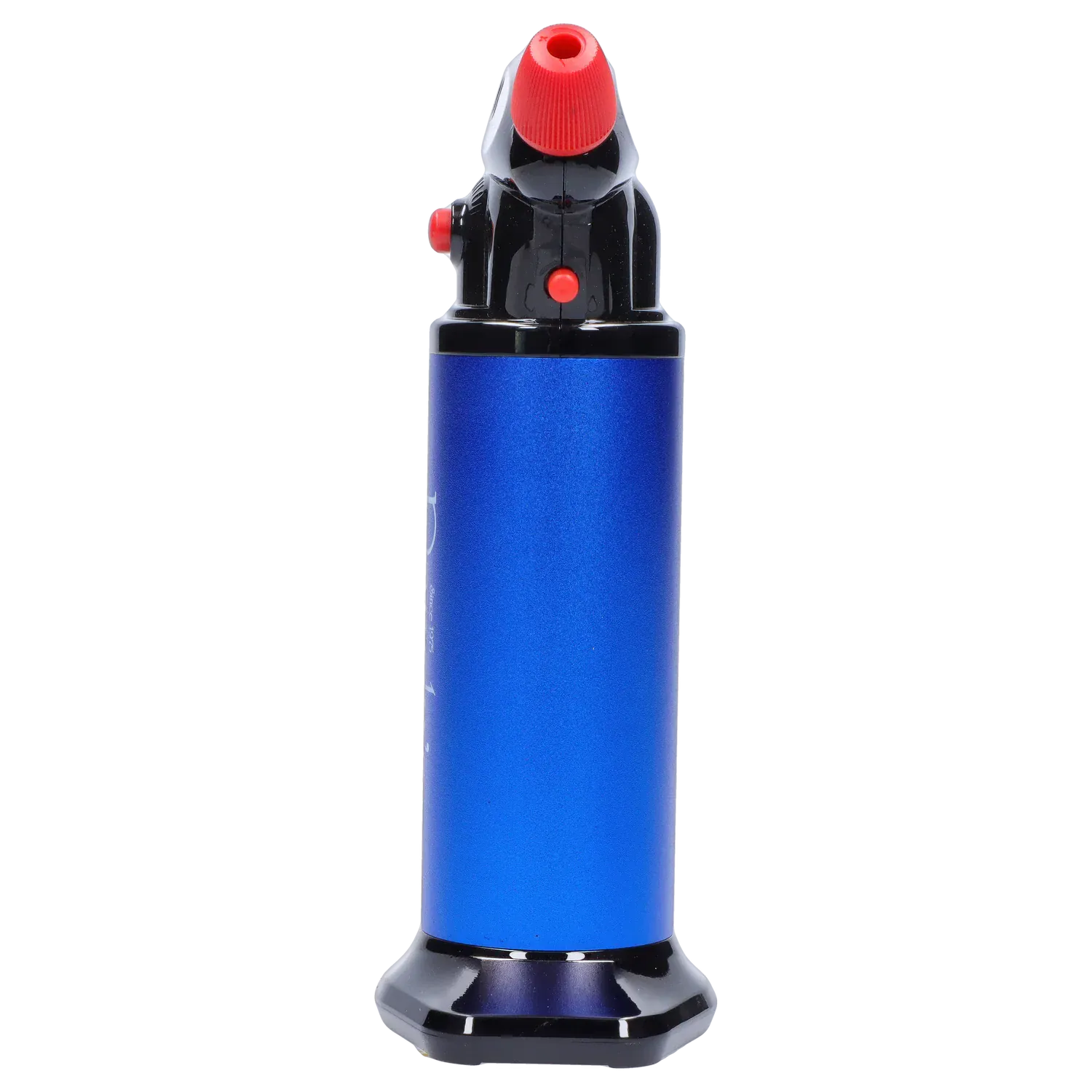 Close-up front view of Randy's Fahrenheit Butane Torch - Blue showing its metallic blue cylindrical body, black glossy top and red nozzle and buttons.