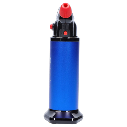 Close-up front view of Randy's Fahrenheit Butane Torch - Blue showing its metallic blue cylindrical body, black glossy top and red nozzle and buttons.