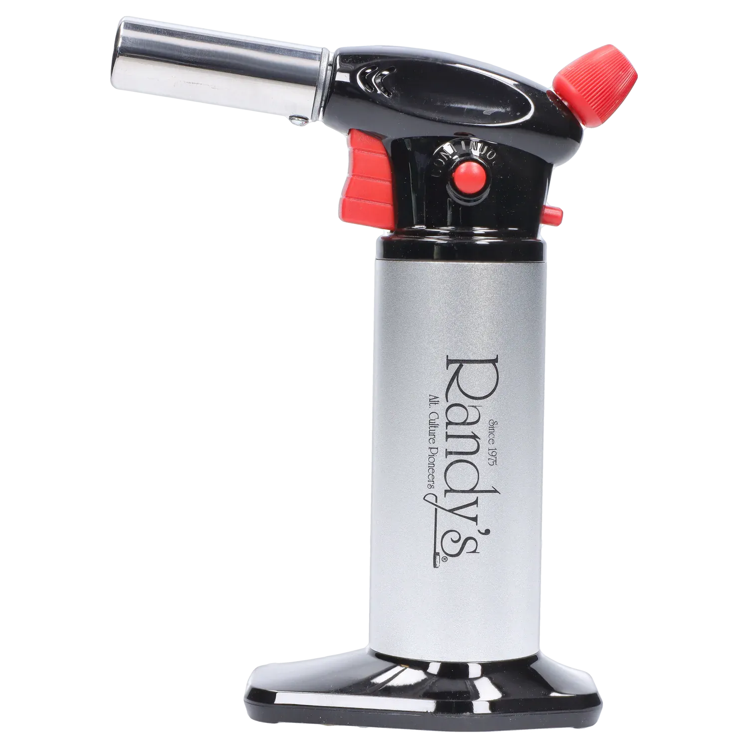 Side profile of Randy's Fahrenheit Butane Torch - Silver showing its chrome nozzle, black and red trigger head, and silver cylindrical body on a reflective black base
