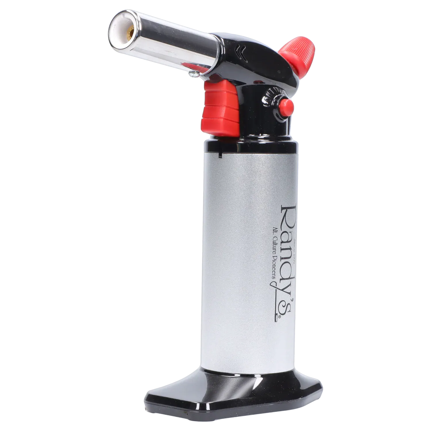 Close-up side view of Randy's Fahrenheit Butane Torch - Silver showing its angled chrome nozzle, red trigger and adjustment knob, and vertical silver body on a black base.