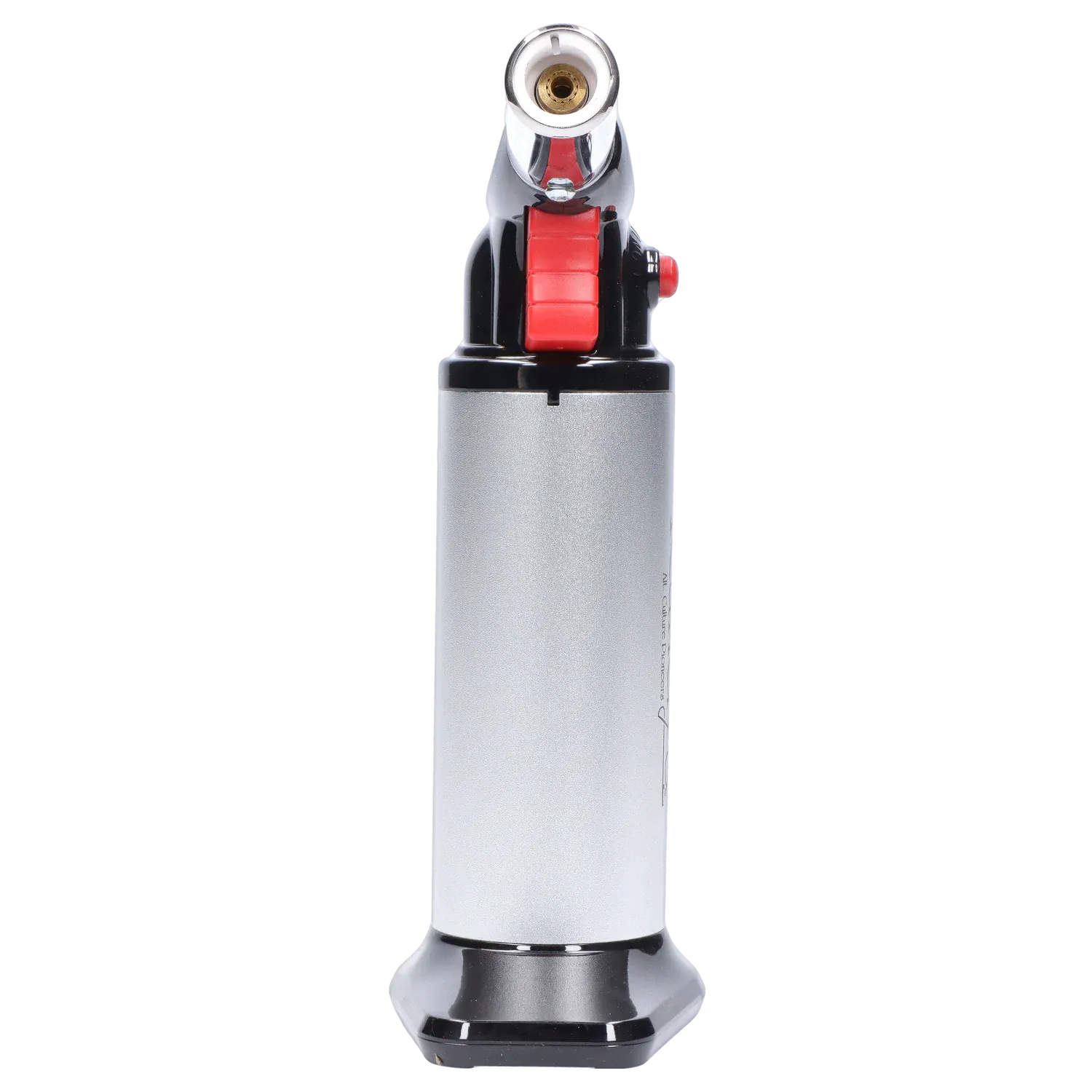 Straight-on view of the silver Randy's Fahrenheit Butane Torch - Silver showing its cylindrical body, red ignition wheel, and chrome nozzle against a white background