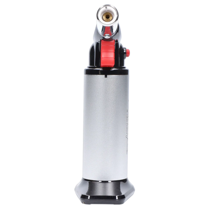 Straight-on view of the silver Randy's Fahrenheit Butane Torch - Silver showing its cylindrical body, red ignition wheel, and chrome nozzle against a white background