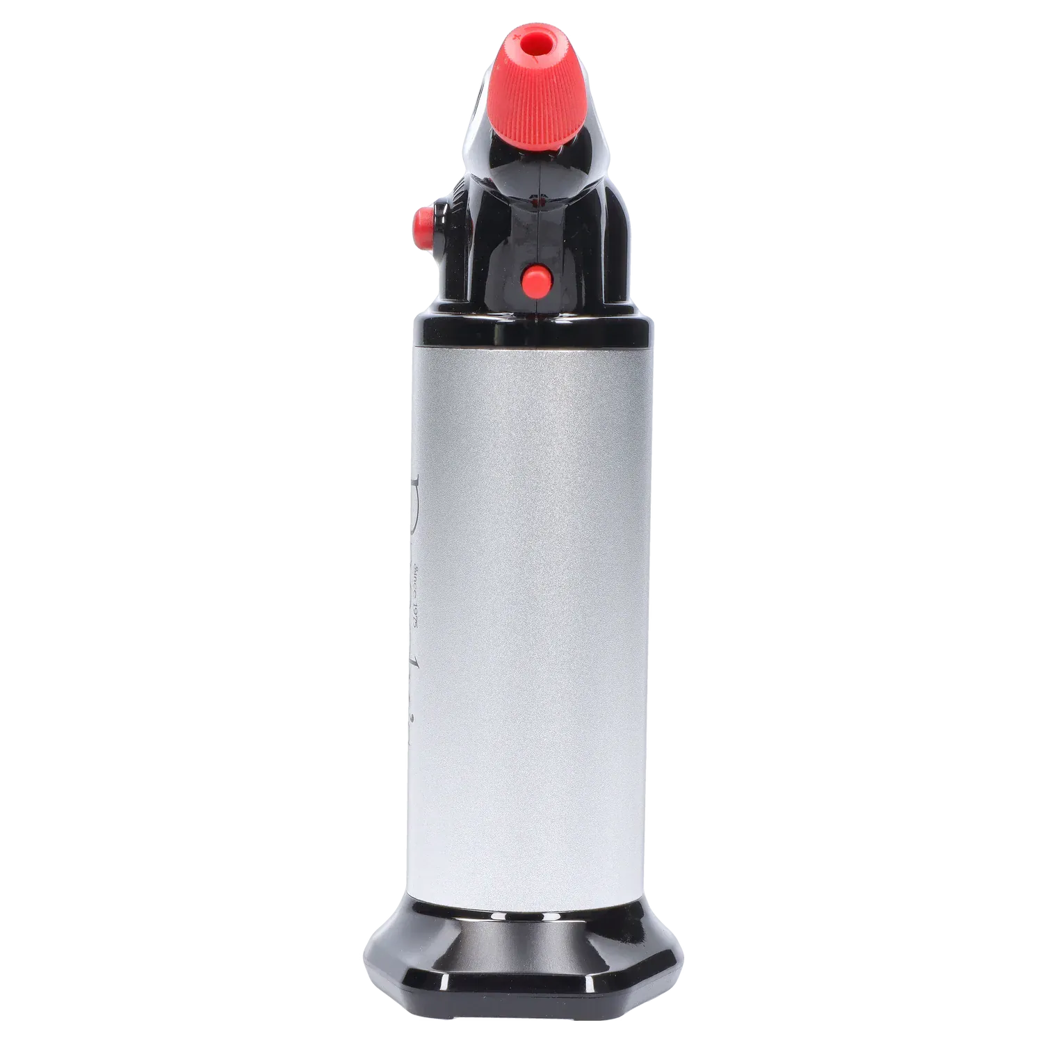 Close-up front view of Randy's Fahrenheit Butane Torch - Silver showing the silver cylindrical body, black top and base, and red nozzle and control buttons.