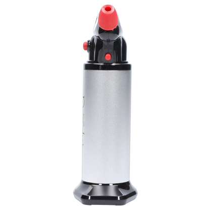 Close-up front view of Randy's Fahrenheit Butane Torch - Silver showing the silver cylindrical body, black top and base, and red nozzle and control buttons.
