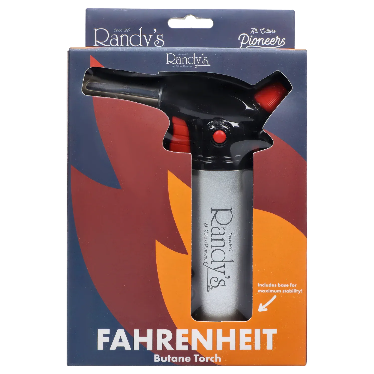 Front-facing view of Randy's Fahrenheit Butane Torch - Silver in its colorful blue and orange retail box, top nozzle and silver canister visible.