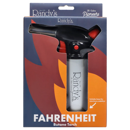 Front-facing view of Randy's Fahrenheit Butane Torch - Silver in its colorful blue and orange retail box, top nozzle and silver canister visible.