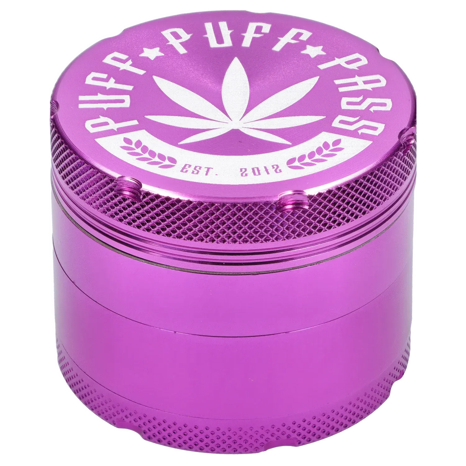Close-up angled view of the purple Puff Puff Pass Aluminum Grinder 4pc -Purple-50mm showing the textured grip, white leaf logo and stamped lettering on the top.