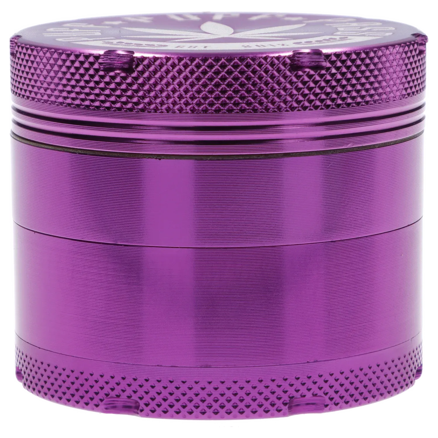 Close-up side view of the Puff Puff Pass Aluminum Grinder 4pc -Purple-50mm showing its textured knurled top edge and smooth metallic purple cylindrical body.