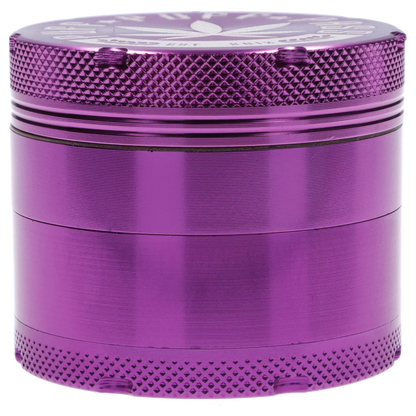 Close-up side view of the Puff Puff Pass Aluminum Grinder 4pc -Purple-50mm showing its textured knurled top edge and smooth metallic purple cylindrical body.
