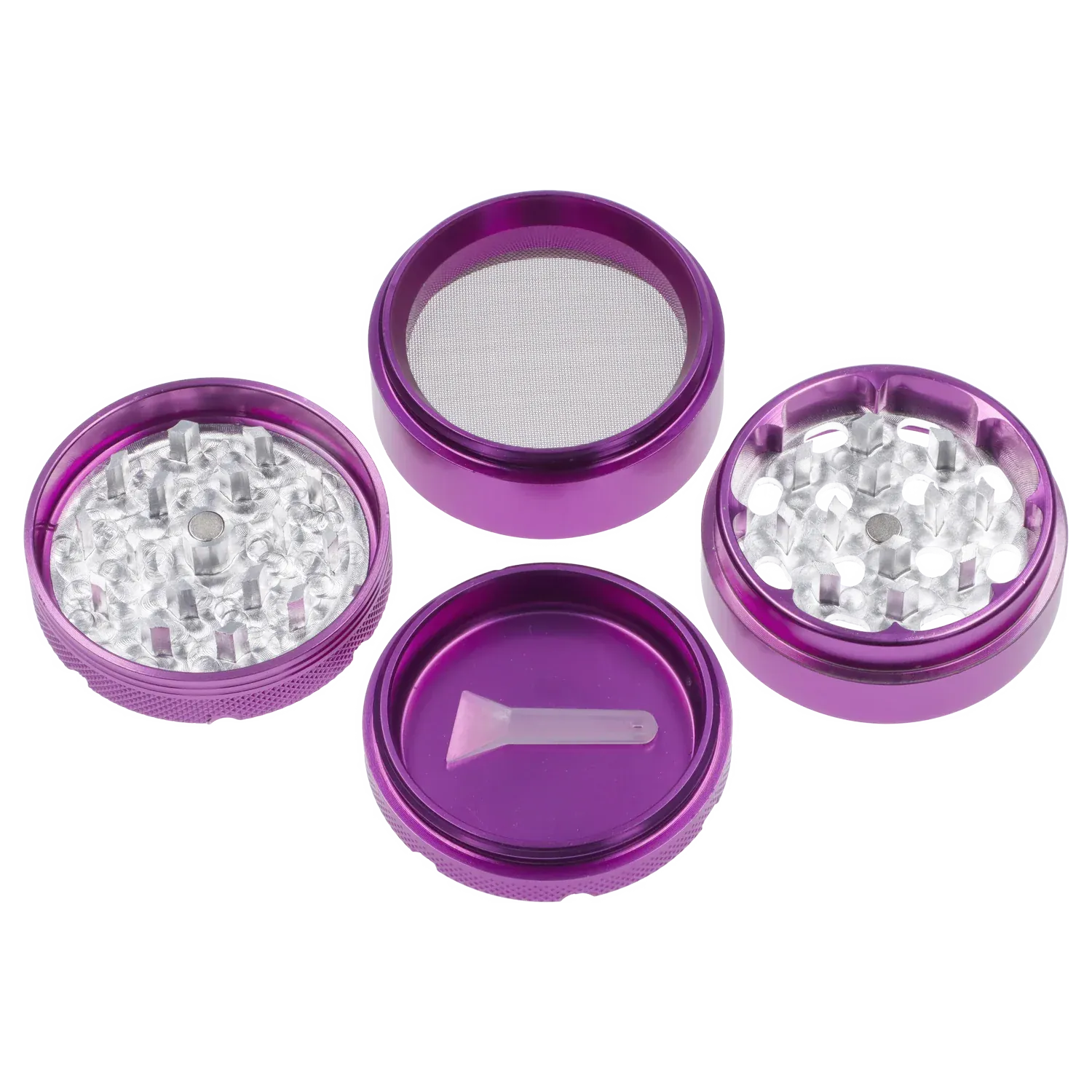 Top-down view of the disassembled purple Puff Puff Pass Aluminum Grinder 4pc -Purple-50mm showing its four anodized sections, mesh screen, teeth, and small plastic scraper.