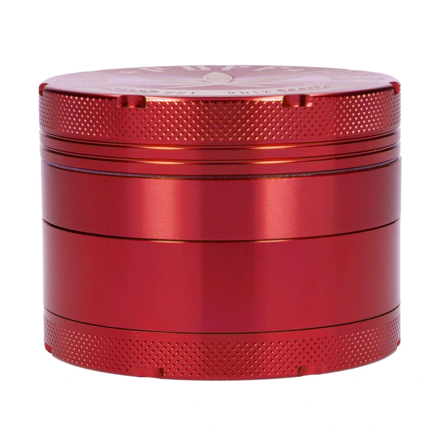 Close-up of the red, 62mm Puff Puff Pass Aluminum 4pc Grinder, showing its textured, four-piece construction.