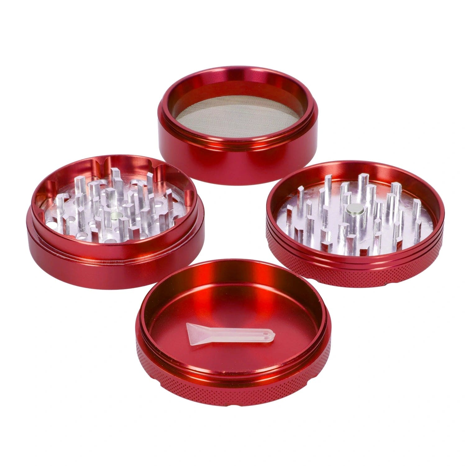 A top-down view of the disassembled red 62mm Puff Puff Pass Aluminum 4pc Grinder, showing its four separate pieces.