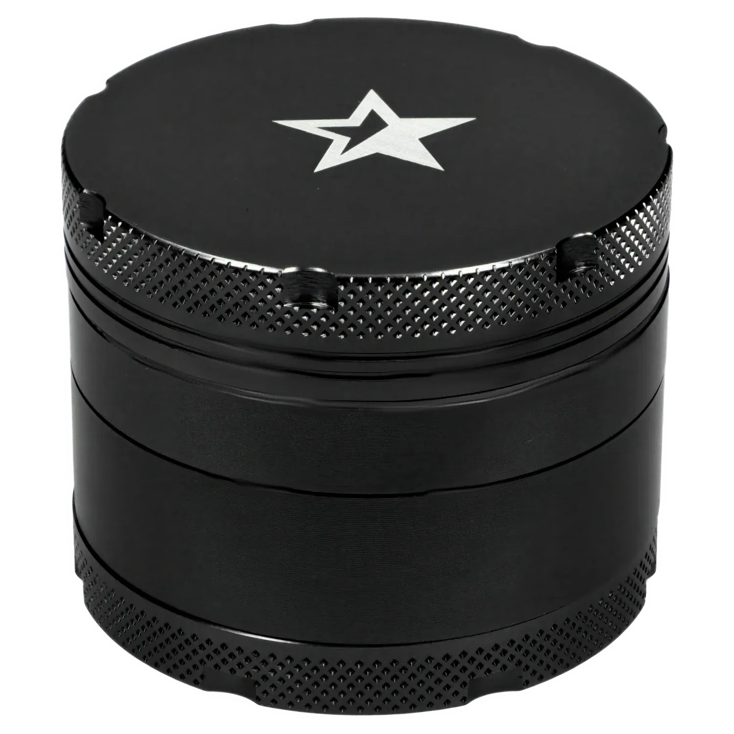 Close-up top-down view of the Famous X 4 pc Grinder -Black - 50mm showing its matte black lid with a silver star logo and textured knurled edges.