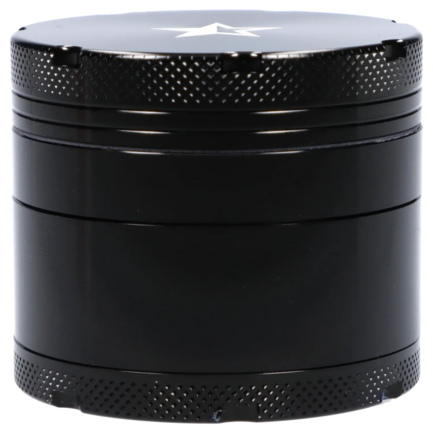Close-up front view of the Famous X 4 pc Grinder -Black - 50mm showing its textured knurled top, stacked cylindrical sections, and a white star on the lid.