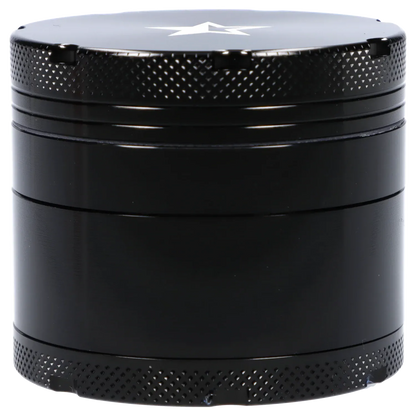 Close-up front view of the Famous X 4 pc Grinder -Black - 50mm showing its textured knurled top, stacked cylindrical sections, and a white star on the lid.