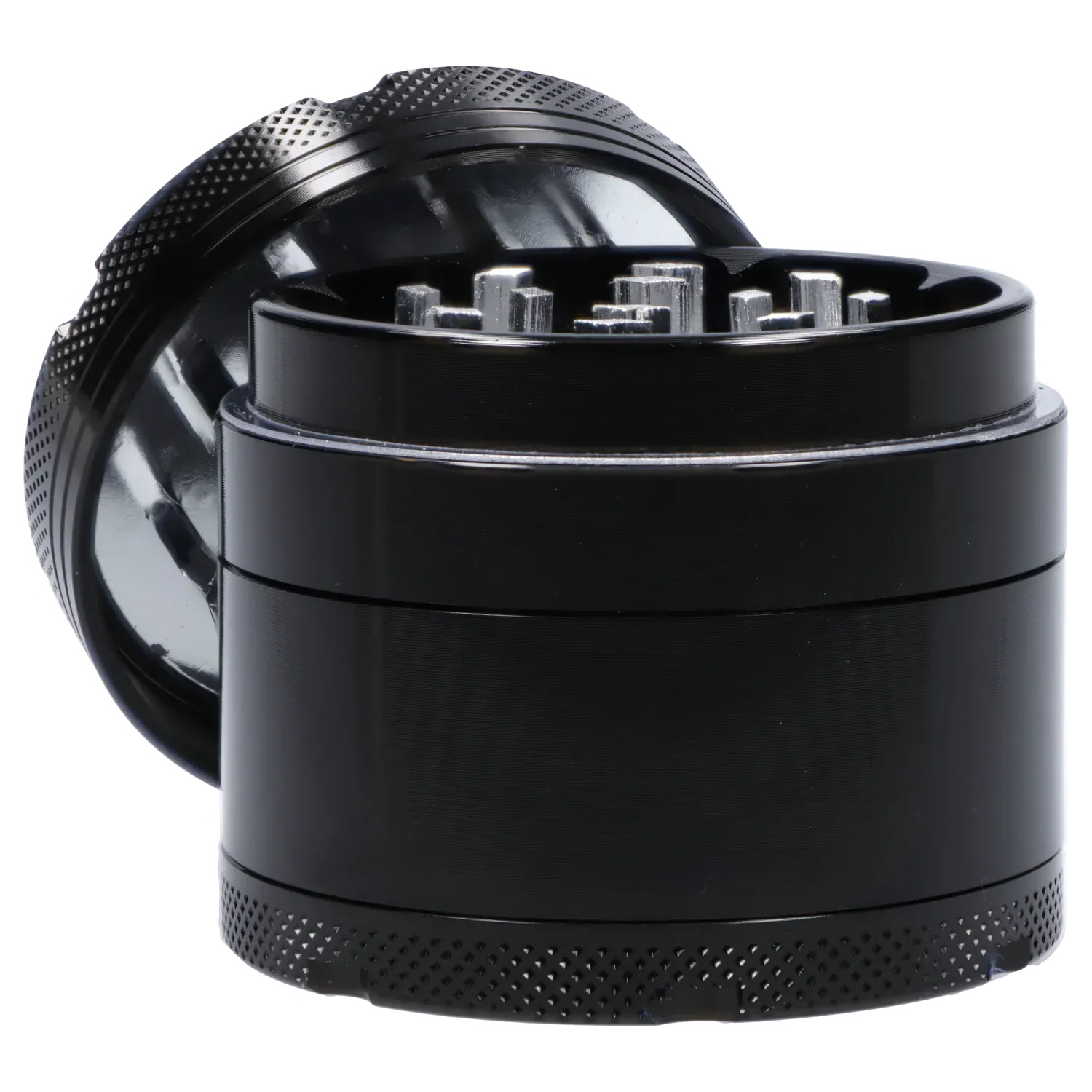 Close-up angled shot of the Famous X 4 pc Grinder -Black - 50mm showing the open top teeth and textured black outer ring.