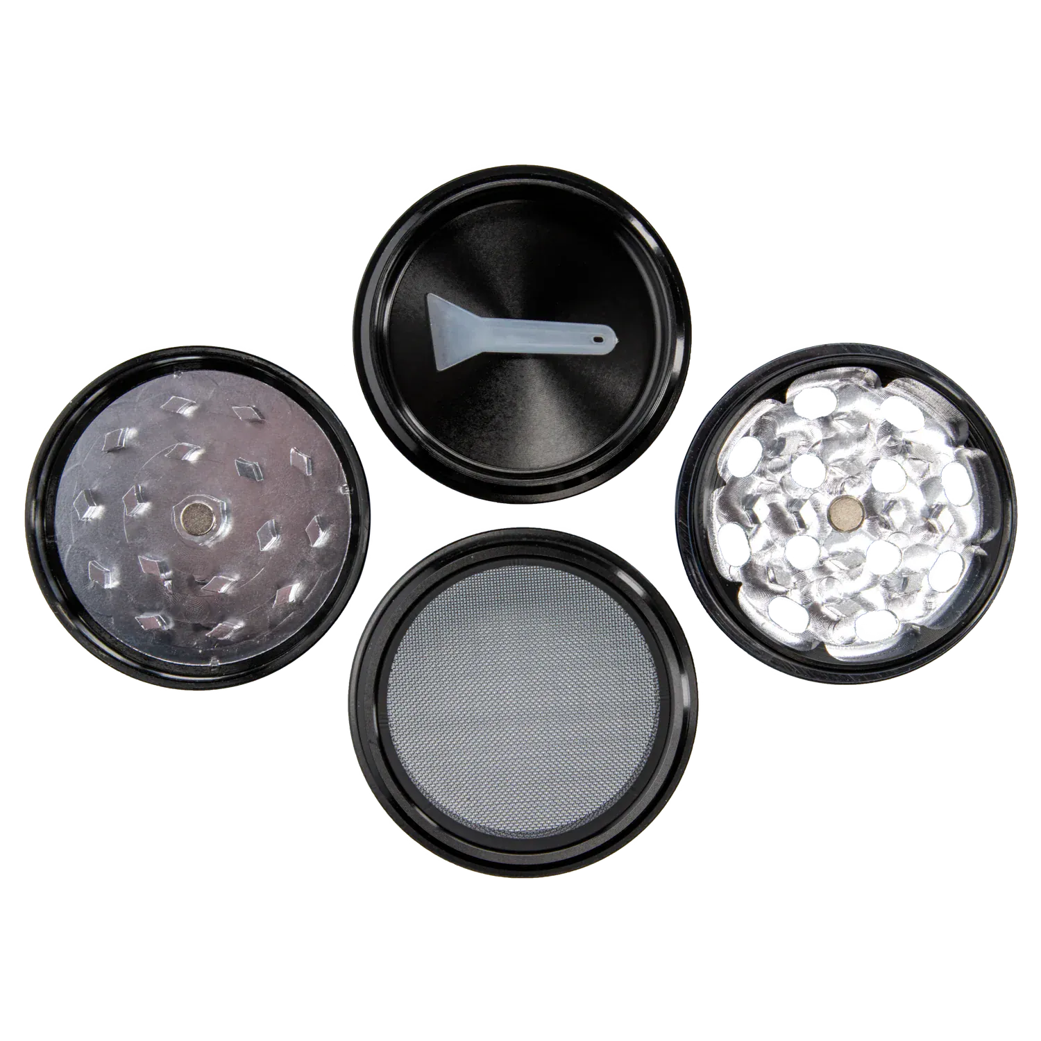 Top-down view of the opened Famous X 4 pc Grinder -Black - 50mm showing four circular sections including a lid with a small plastic scraper, two toothed grinding plates, and a fine mesh screen.