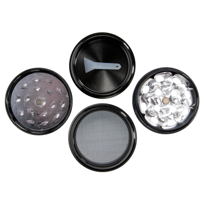 Top-down view of the opened Famous X 4 pc Grinder -Black - 50mm showing four circular sections including a lid with a small plastic scraper, two toothed grinding plates, and a fine mesh screen.