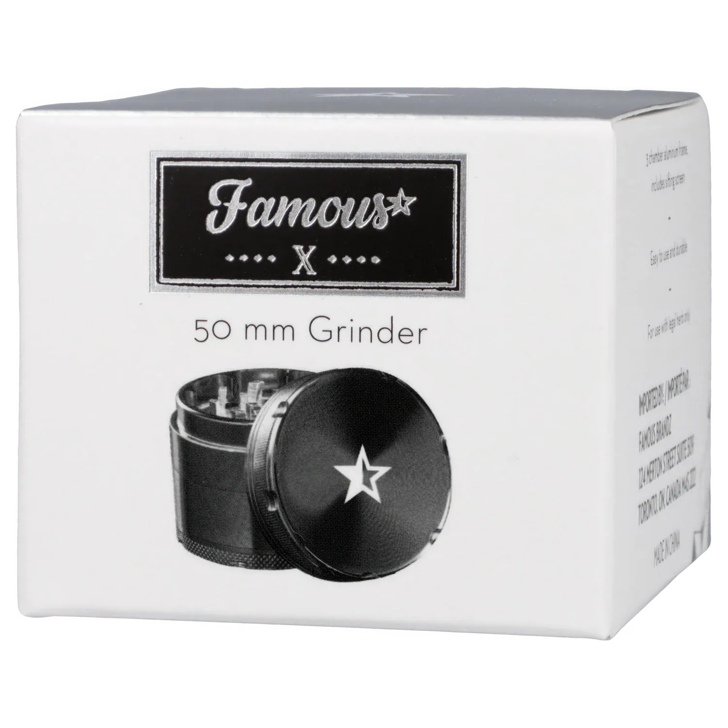 Angled front view of the Famous X 4 pc Grinder -Black - 50mm box showing a black grinder with a white star on its lid beneath the brand logo.