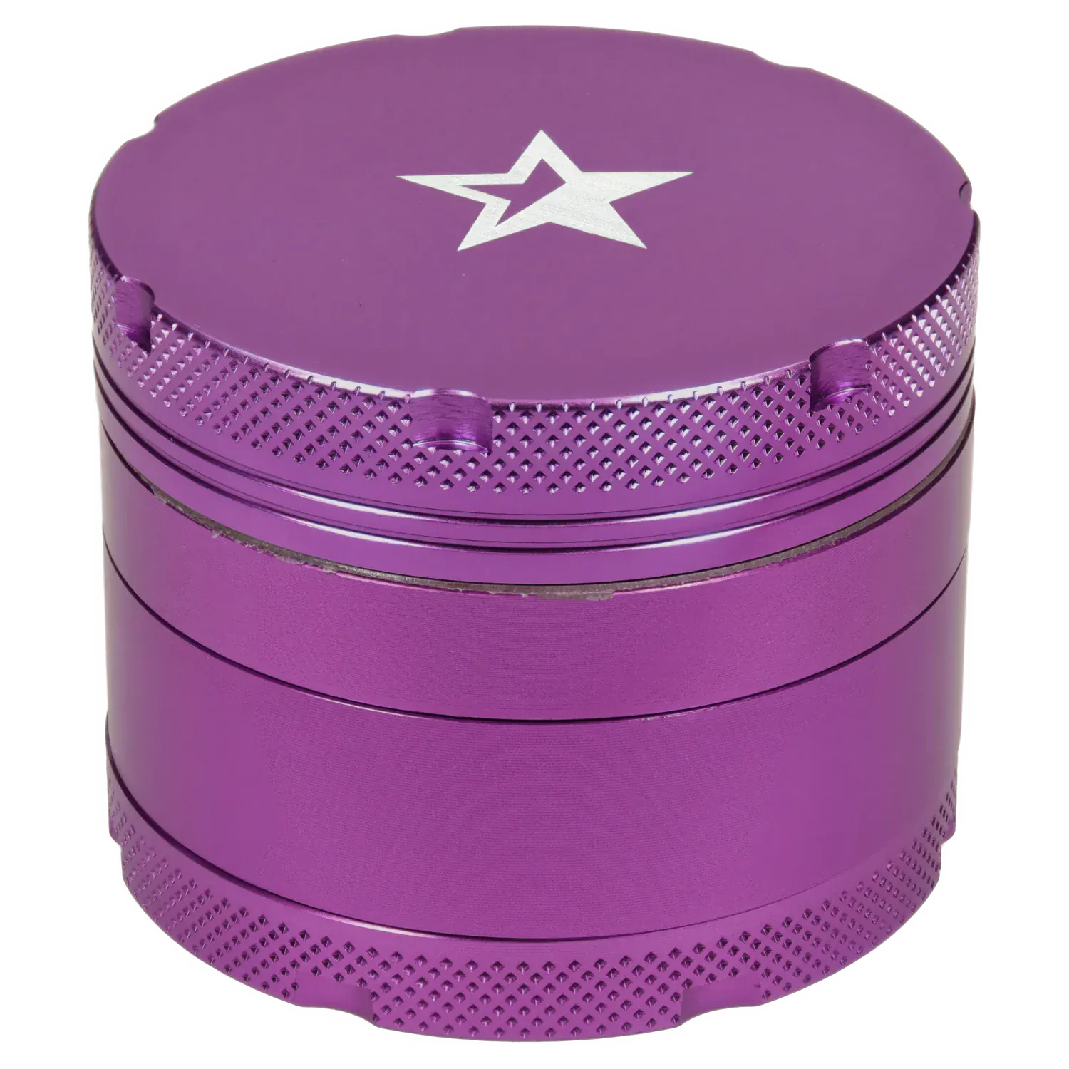 Close-up, slightly angled top view of the Famous X 4 pc Grinder -Purple - 50mm showing its purple metal finish, engraved star on the lid, and textured grip edges.