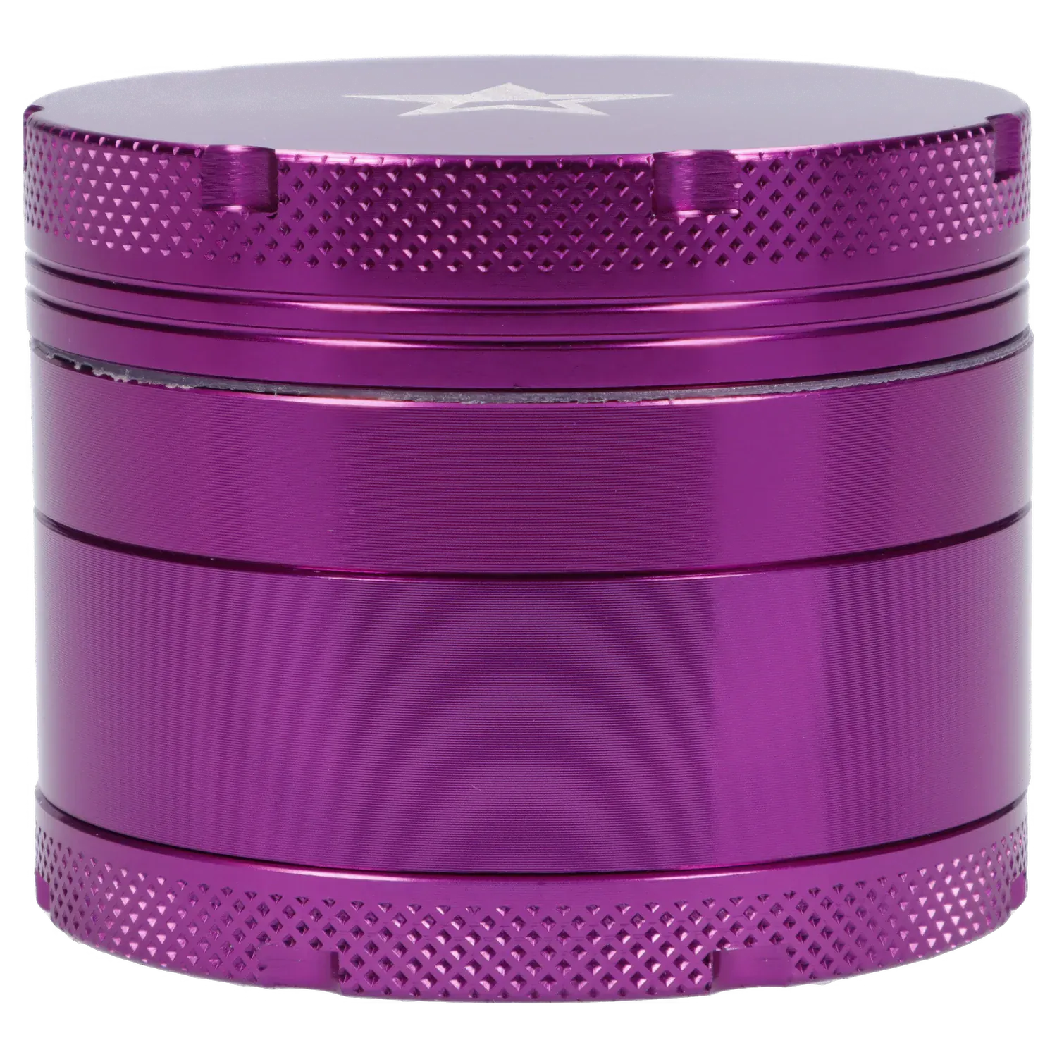 Close-up, straight-on view of the purple Famous X 4 pc Grinder -Purple - 50mm showing its textured top edge, smooth middle chambers, and metallic finish.