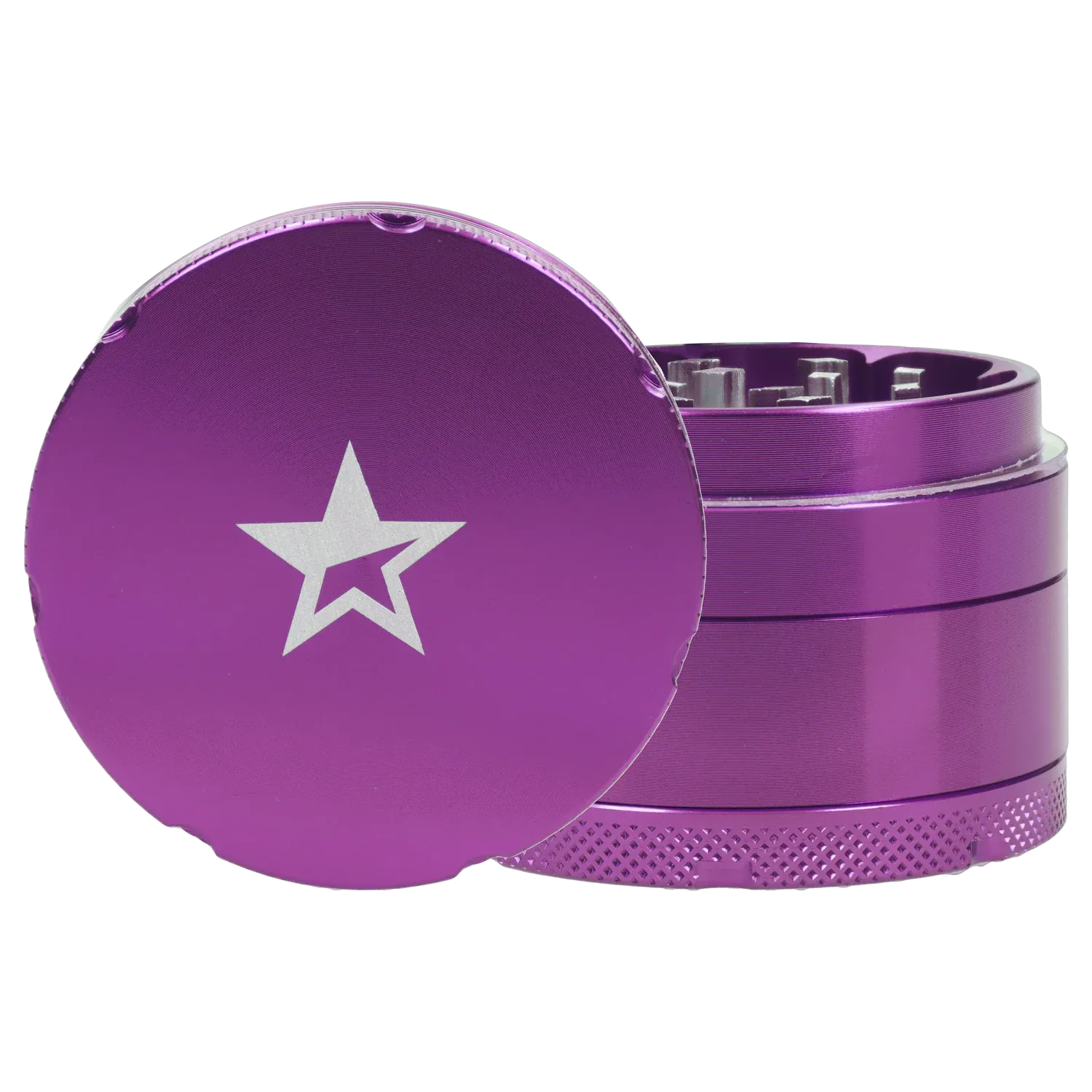 Close-up front angle of the Famous X 4 pc Grinder -Purple - 50mm showing its purple lid with a silver star and exposed toothed interior.