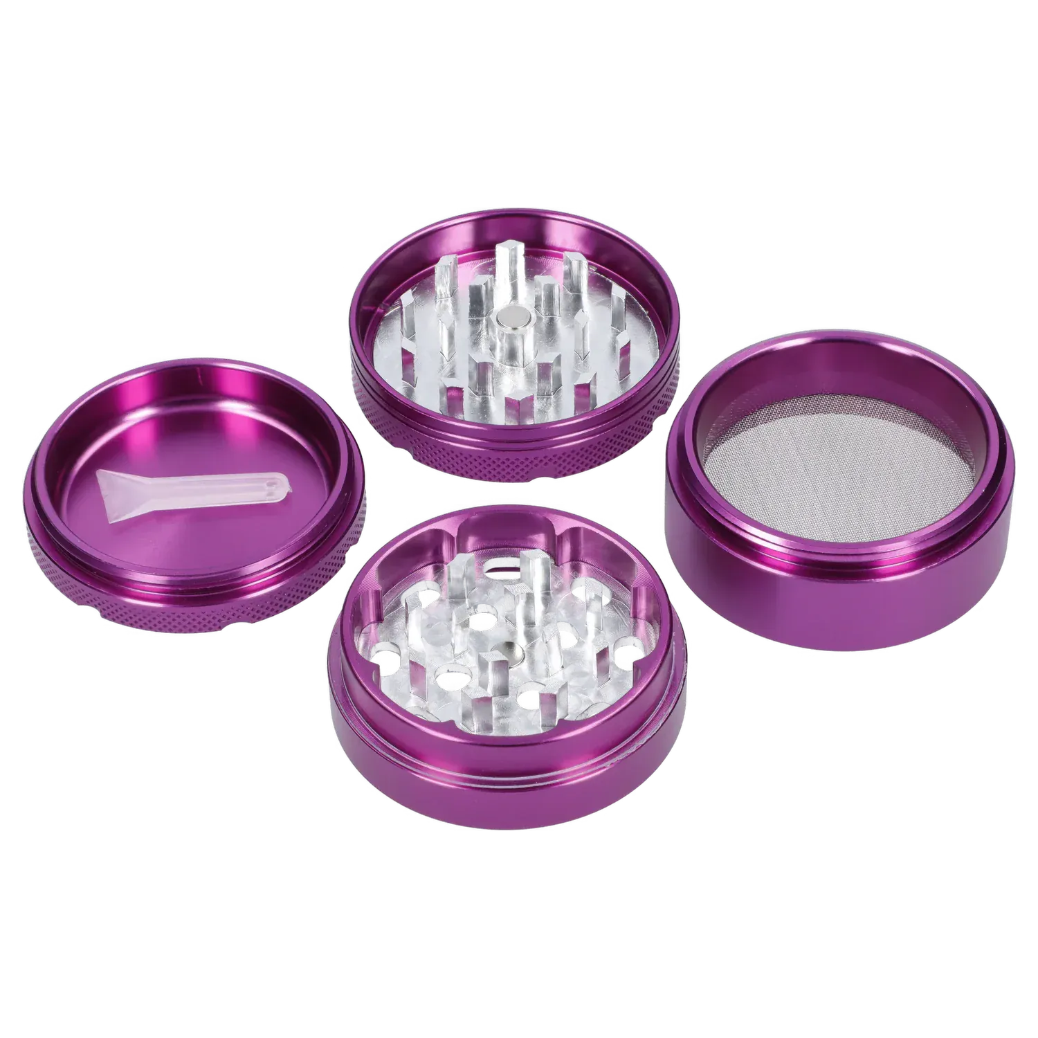 Top-down view of the disassembled Famous X 4 pc Grinder -Purple - 50mm showing four metallic purple stacked chambers and a plastic scraper on a white background