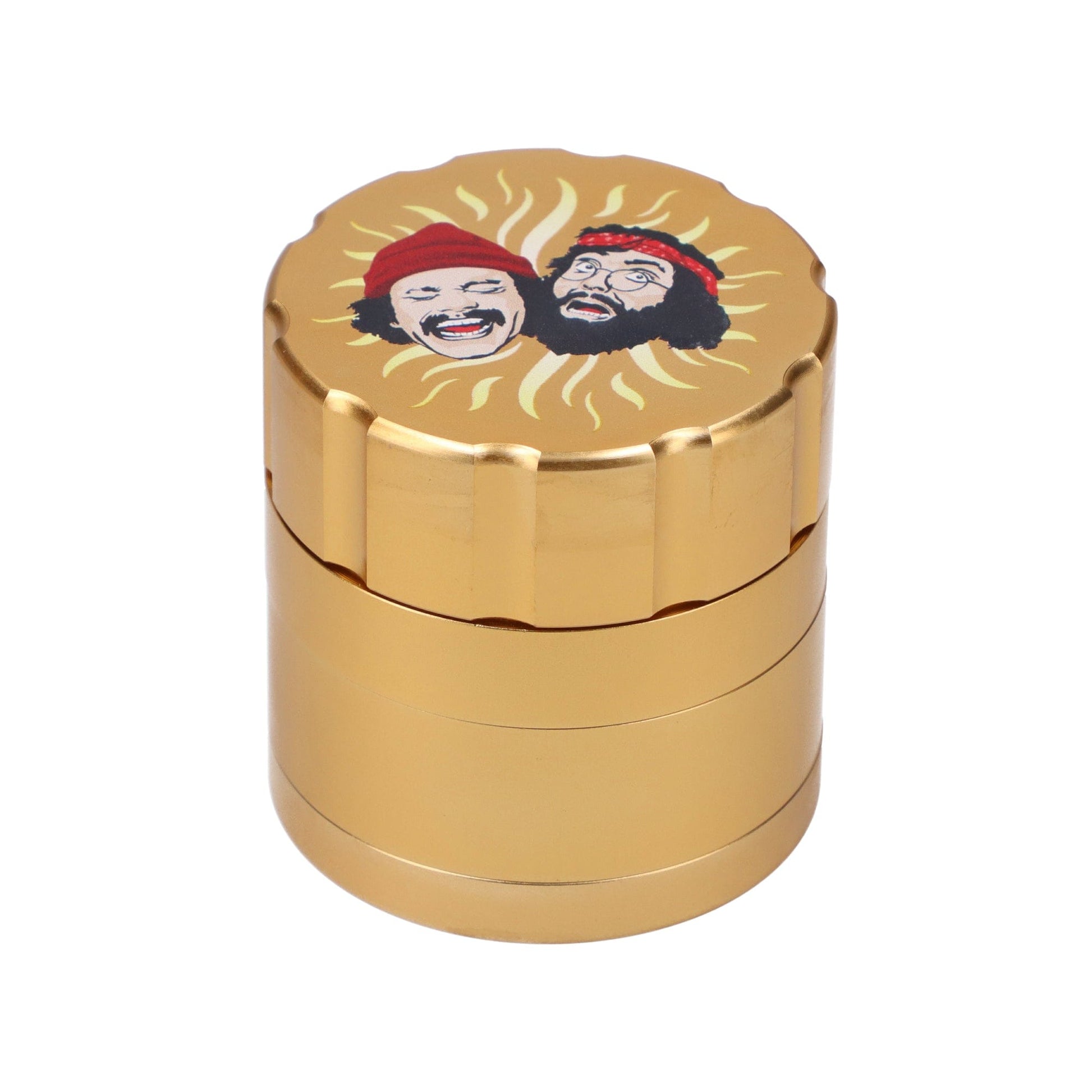 Front view of the gold C&C Grinder 40th, featuring a multi-tiered cylindrical design with visible ridges and a metallic sheen.
