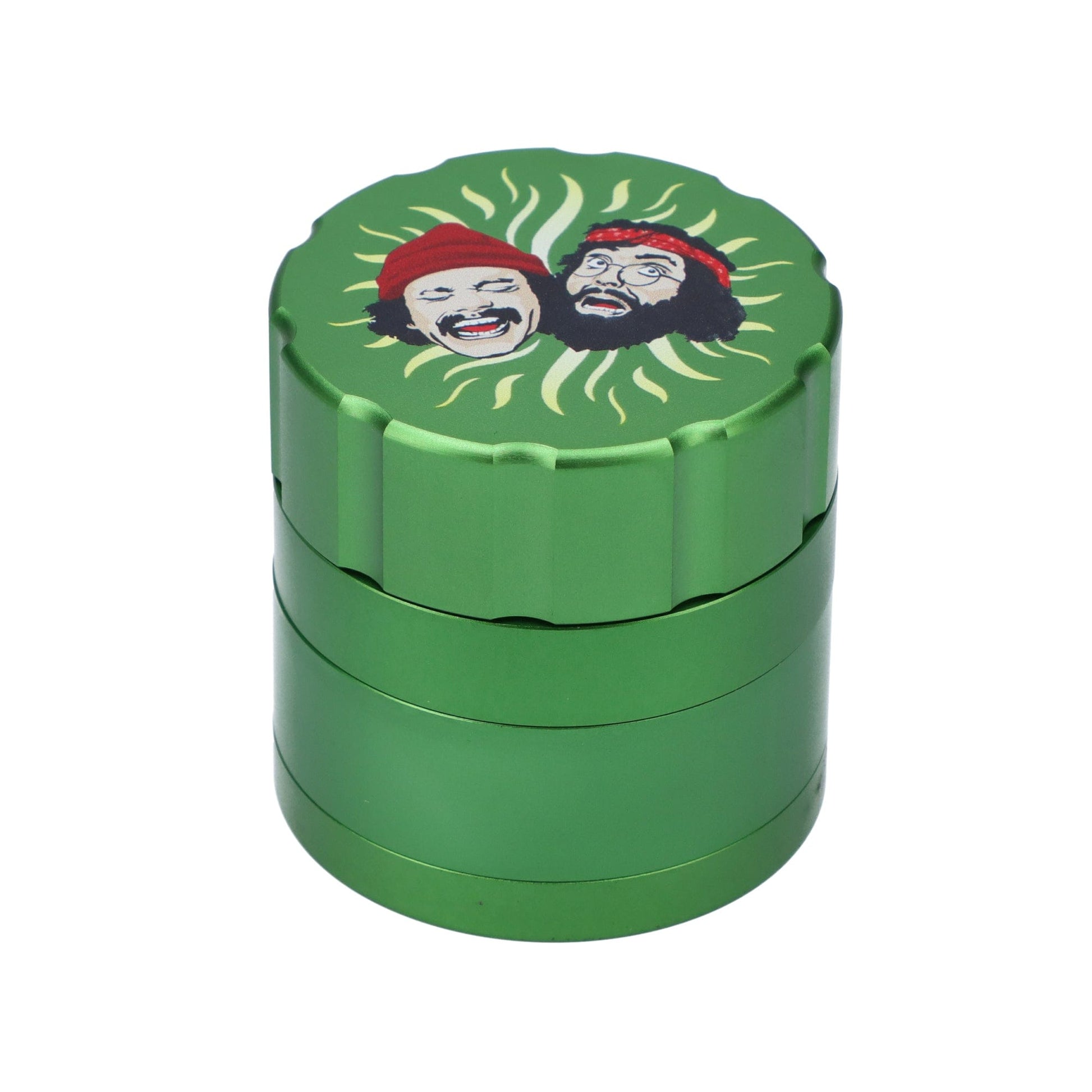 Front view of the C&C Grinder 40th-Green, a cylindrical grinder with a textured surface and decorative top.