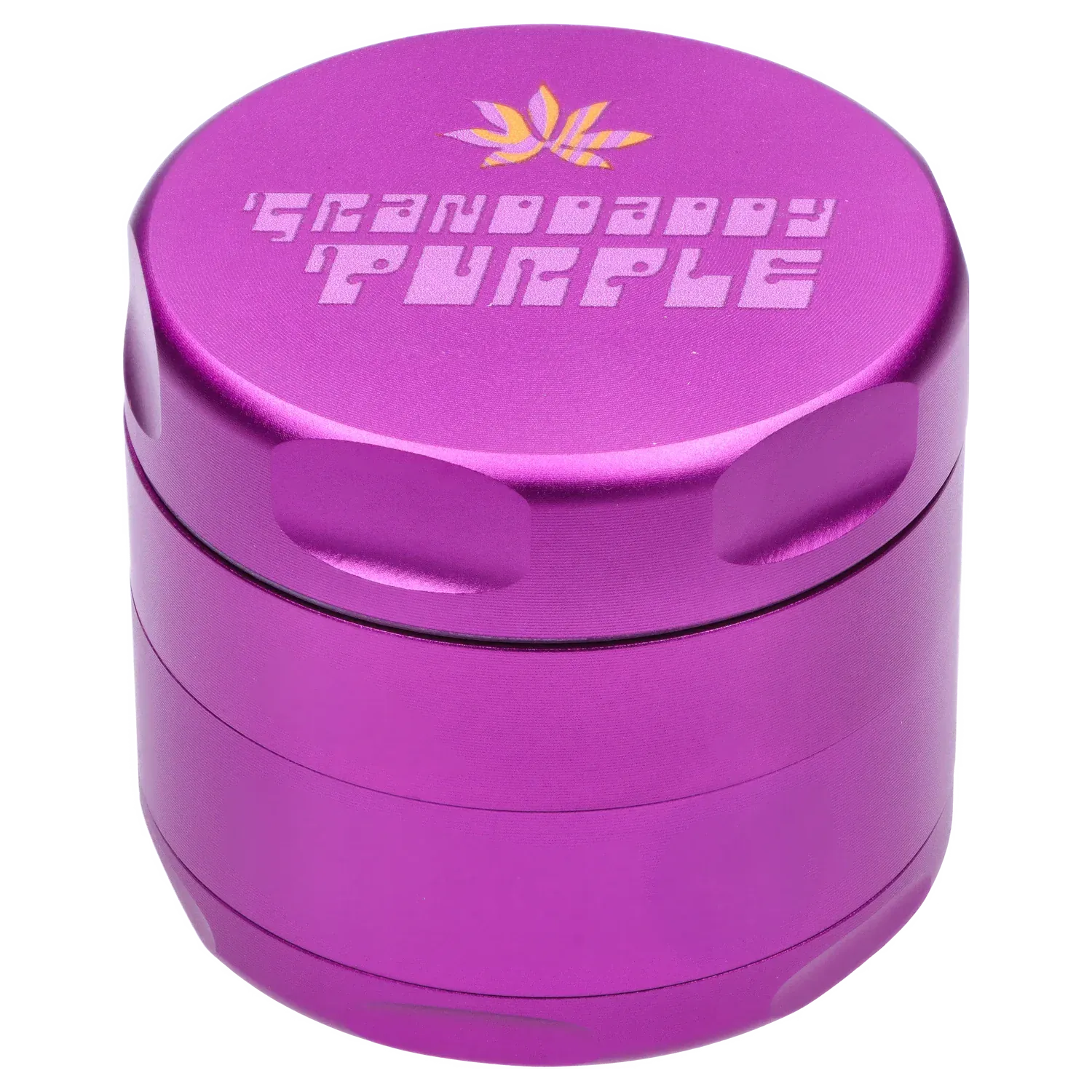 Close-up, angled top view of the purple Puff Puff Pass Strains Granddaddy Grinder-Purple showing engraved lid text and knurled grip.