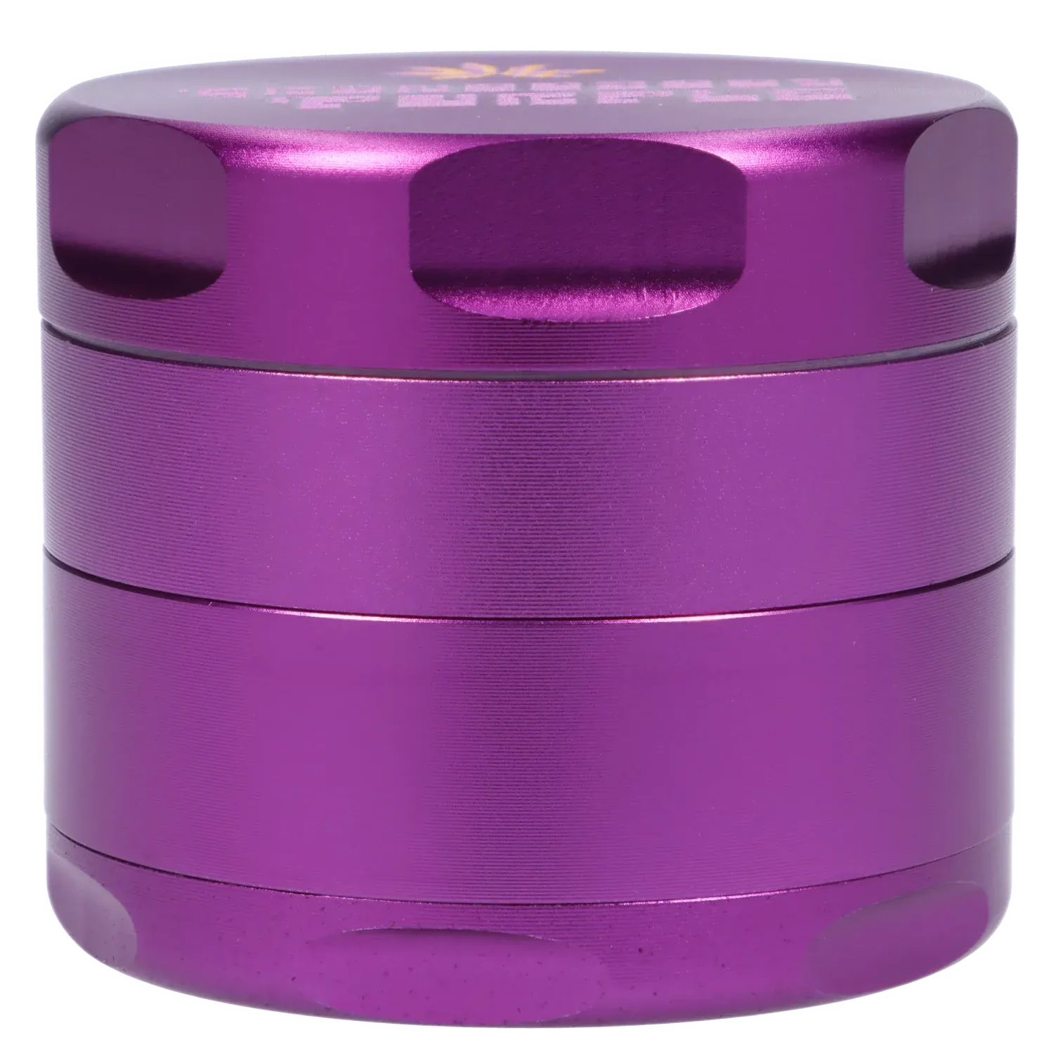 Close-up front view of the metallic purple Puff Puff Pass Strains Granddaddy Grinder-Purple showing its stacked cylindrical sections and recessed grip notches.