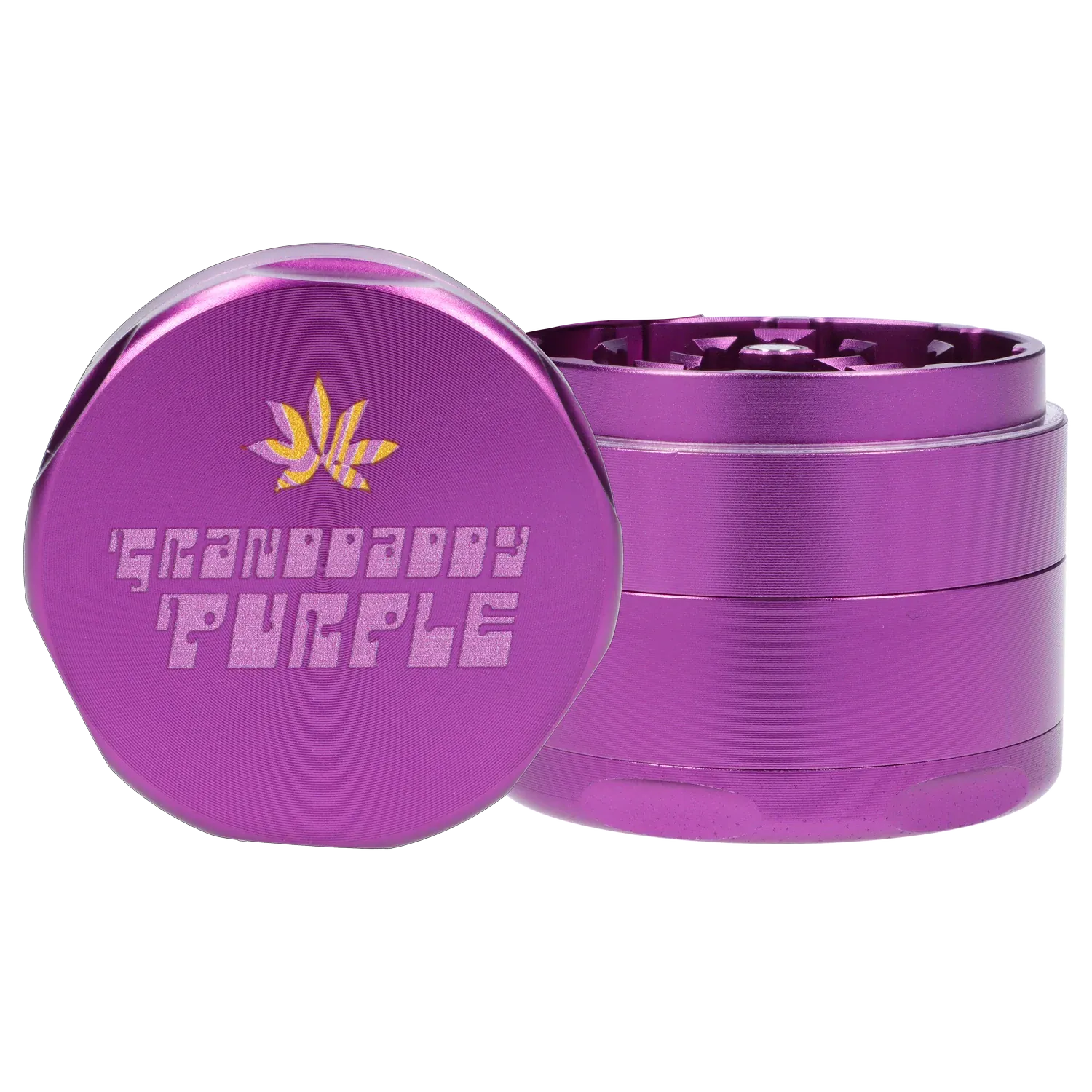 Close-up front and side view of the metallic purple Puff Puff Pass Strains Granddaddy Grinder-Purple showing embossed "Granddaddy Purple" text and a gold leaf logo.