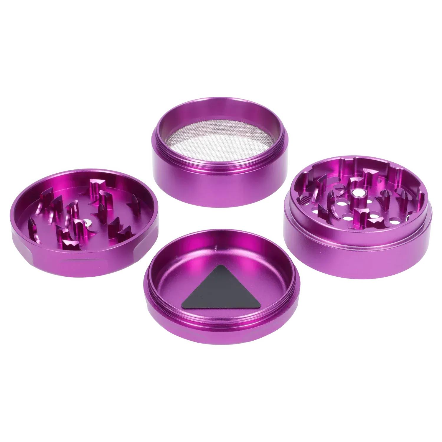 Top-down view of the disassembled purple Puff Puff Pass Strains Granddaddy Grinder-Purple showing four circular aluminum sections and a triangular scraper.