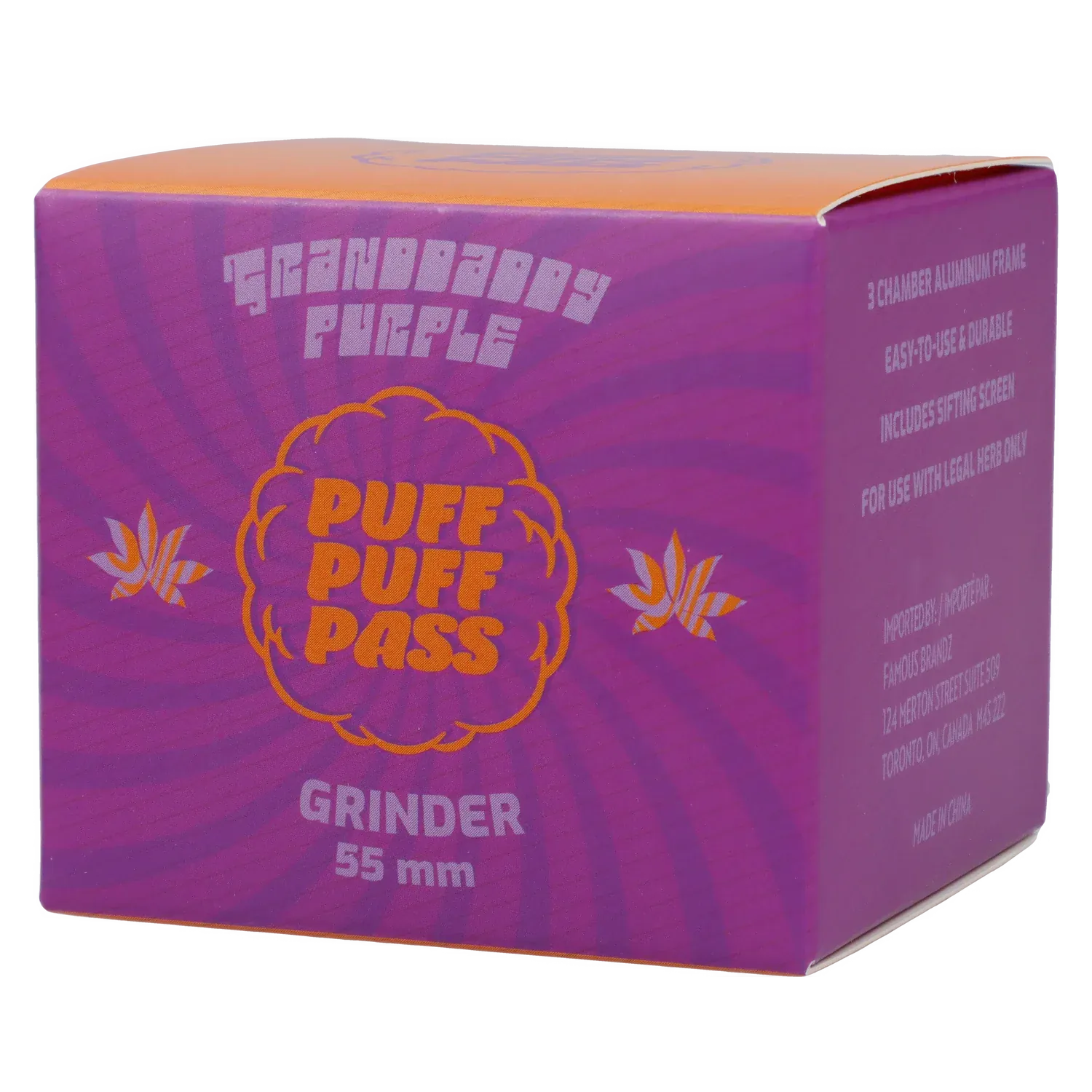Angled close-up of the purple Puff Puff Pass Strains Granddaddy Grinder-Purple box showing orange logo text and 55 mm grinder labeling.