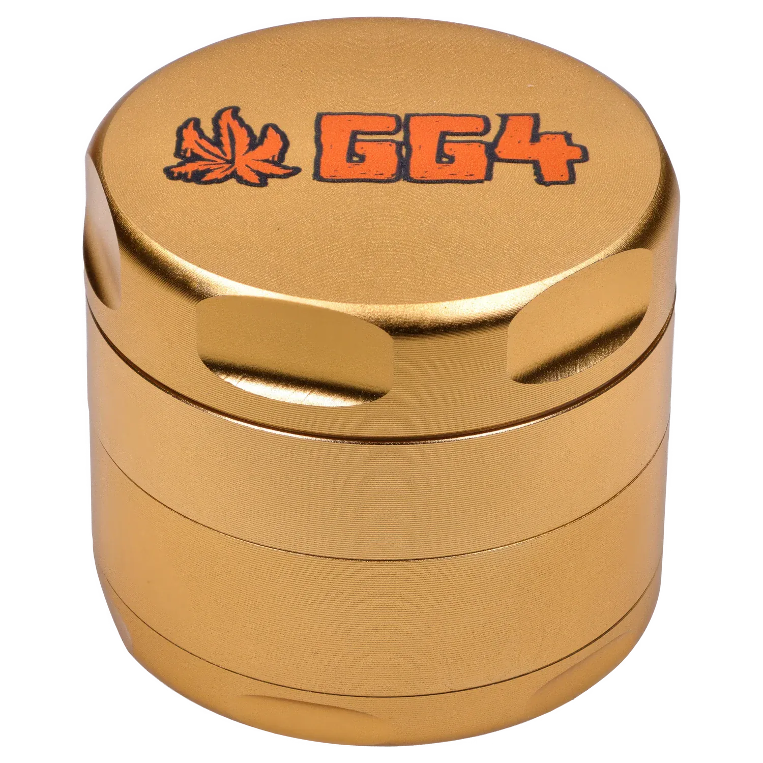 Close-up top-down view of the champagne gold Puff Puff Pass Strains GG4 Grinder-Champagne Gold showing its textured metal finish, recessed grip notches, and orange "GG4" logo with a leaf.