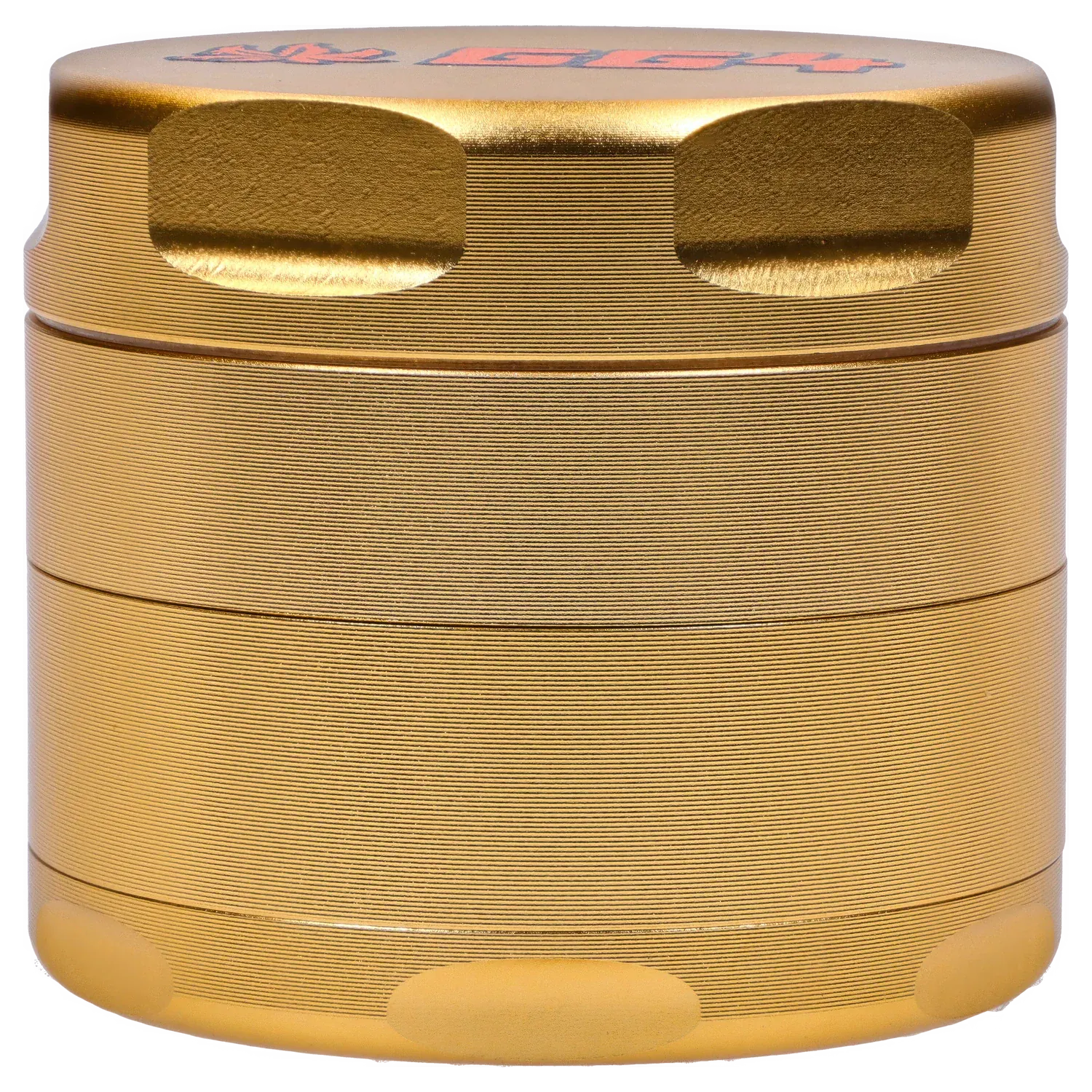 Close-up straight-on view of the champagne gold Puff Puff Pass Strains GG4 Grinder-Champagne Gold showing textured ridges and finger notches.