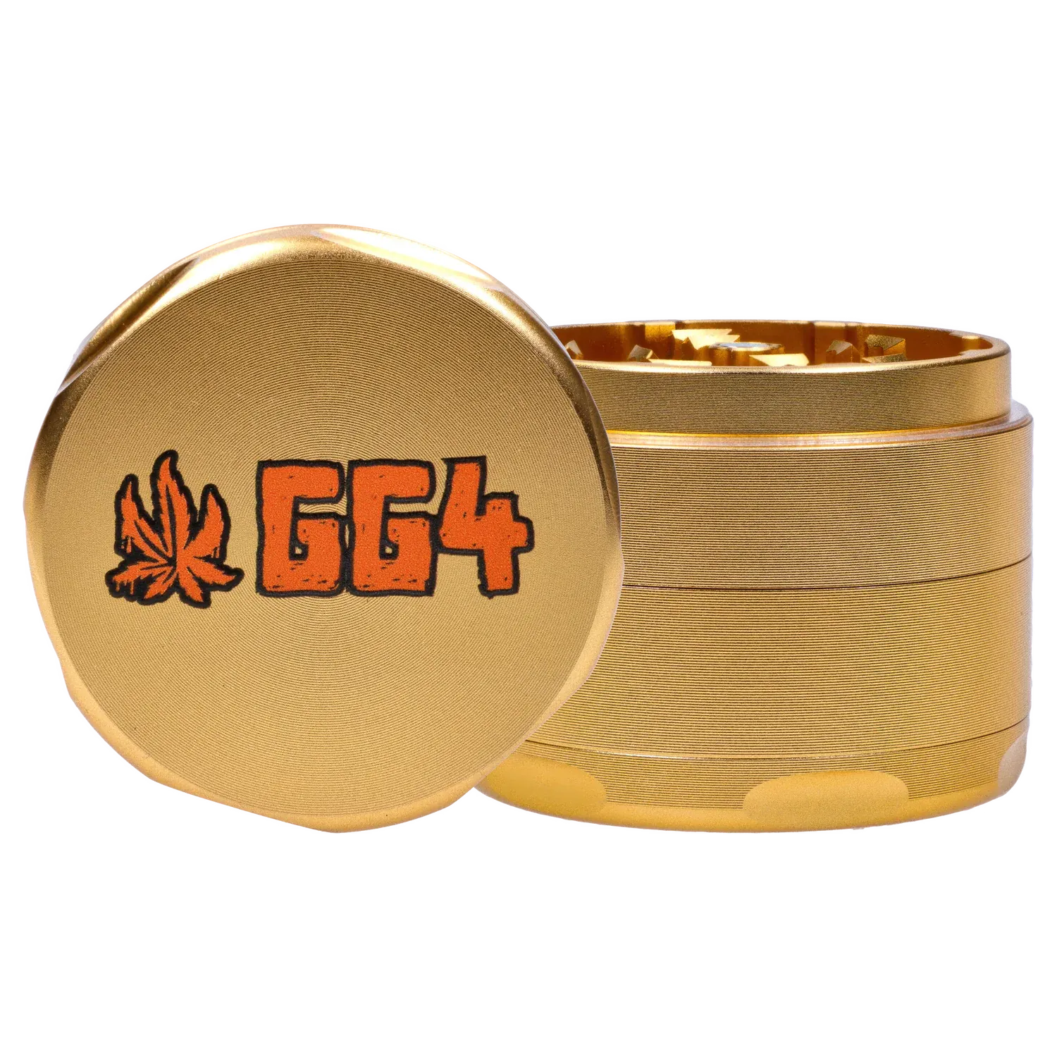 Close-up front view of the champagne gold Puff Puff Pass Strains GG4 Grinder-Champagne Gold showing the stacked metal sections and orange "GG4" logo with a leaf.