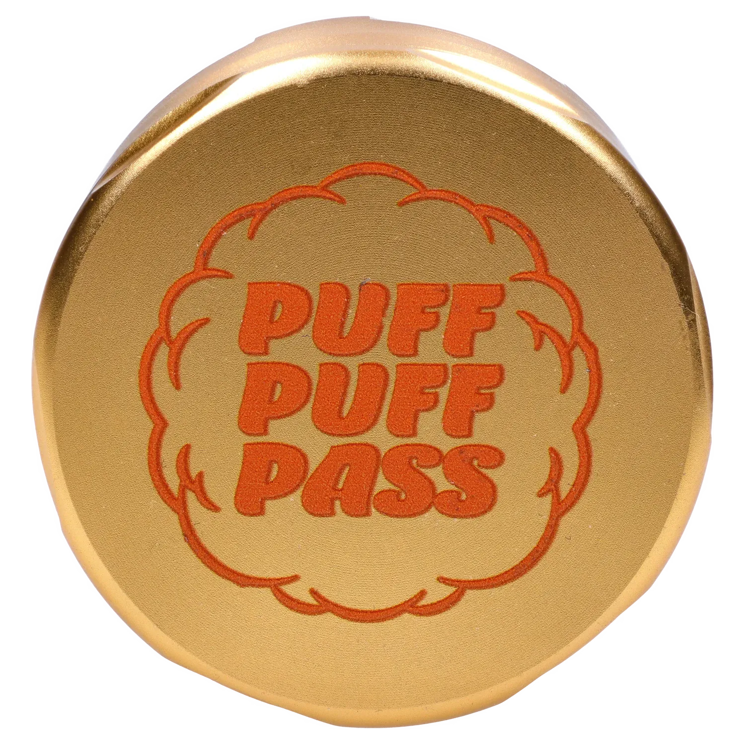 Top-down close-up of the champagne gold Puff Puff Pass Strains GG4 Grinder showing an orange puff-cloud logo and bold "PUFF PUFF PASS" text.