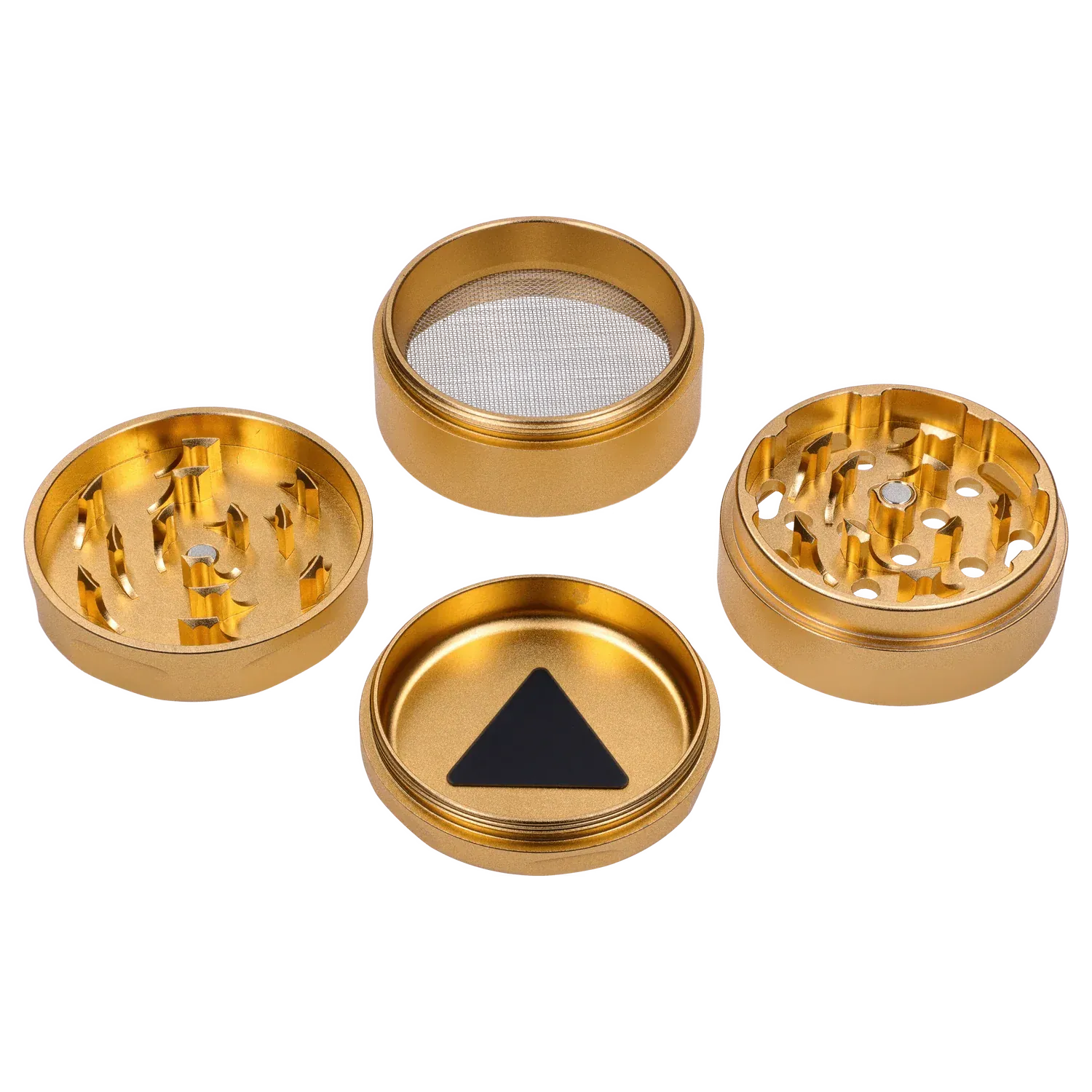 Top-down view of the disassembled Puff Puff Pass Strains GG4 Grinder-Champagne Gold showing four shiny gold compartments on white.