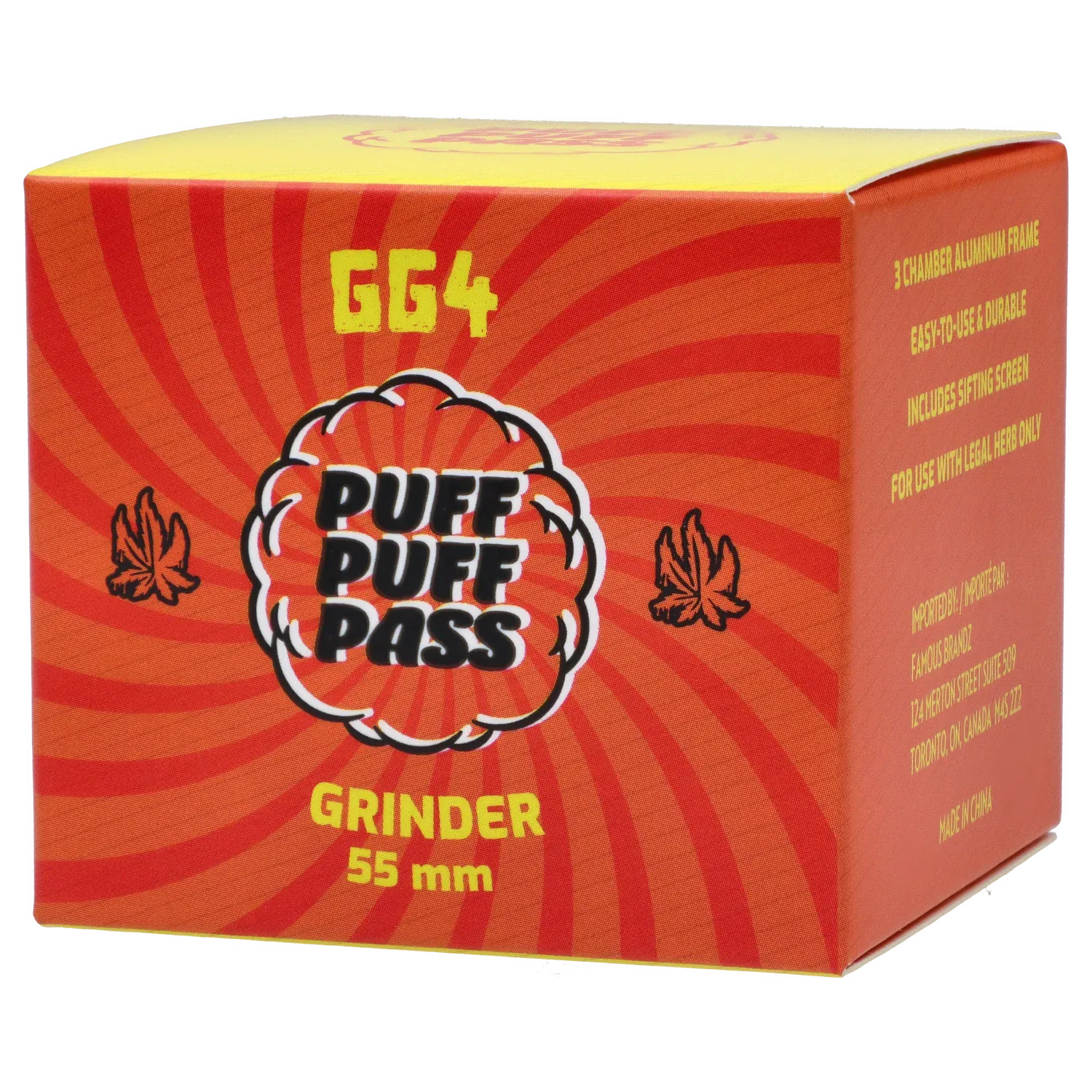 Angled close-up of the orange and yellow Puff Puff Pass Strains GG4 Grinder-Champagne Gold box showing bold logo and 55mm text.