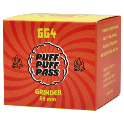 Angled close-up of the orange and yellow Puff Puff Pass Strains GG4 Grinder-Champagne Gold box showing bold logo and 55mm text.